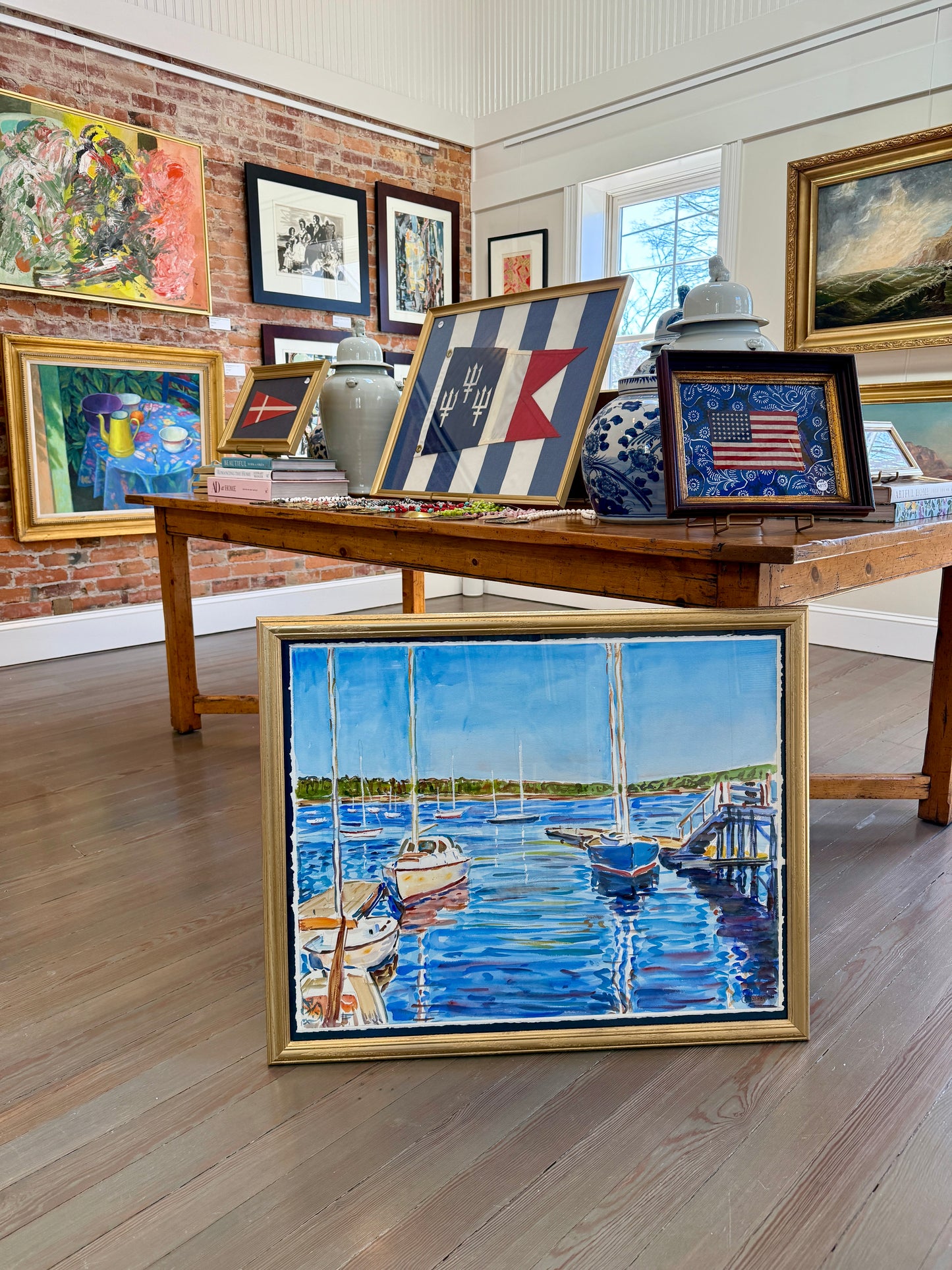 Edmund Jordan Sailboats in Harbor Scene Watercolor Painting in Gold Frame