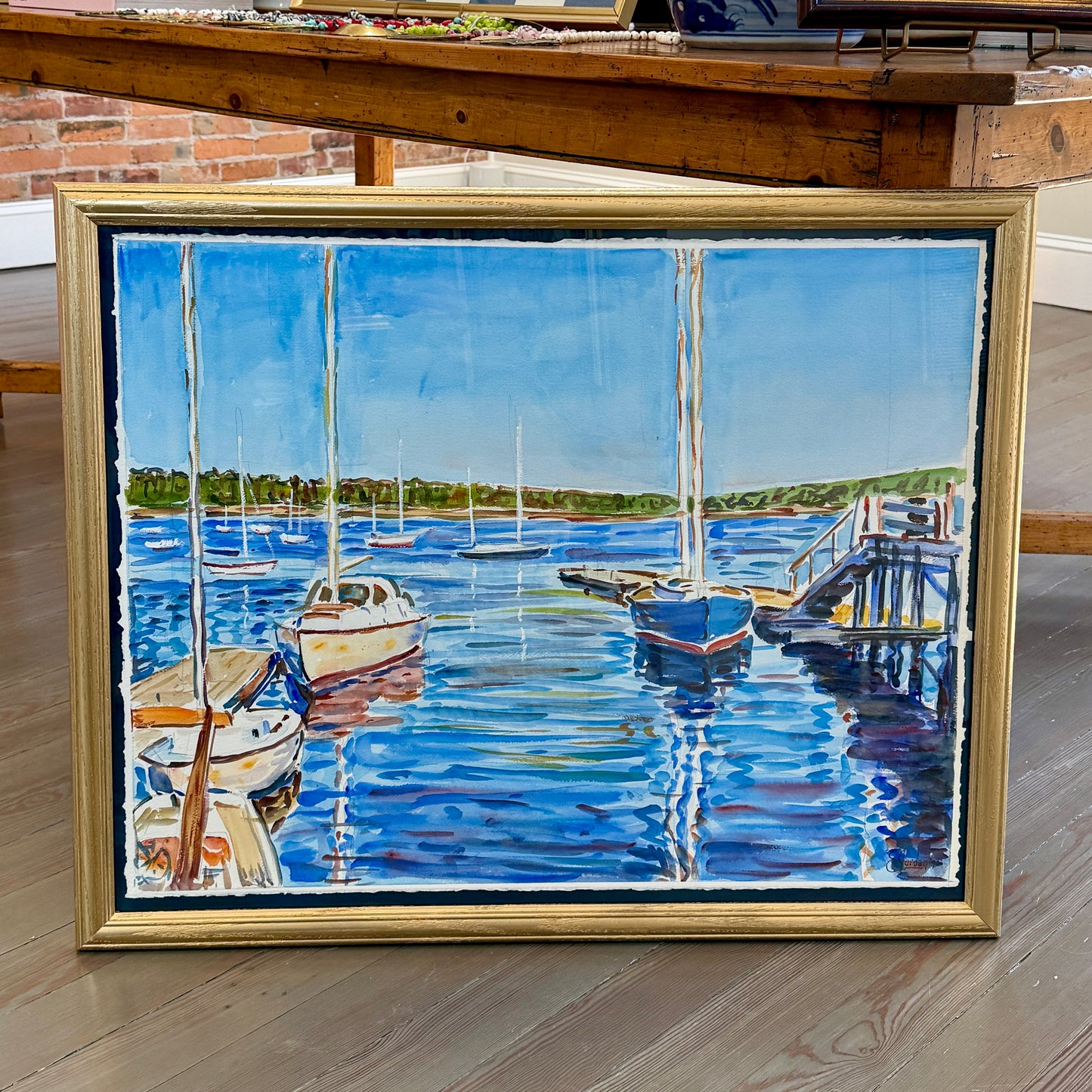Edmund Jordan Sailboats in Harbor Scene Watercolor Painting in Gold Frame