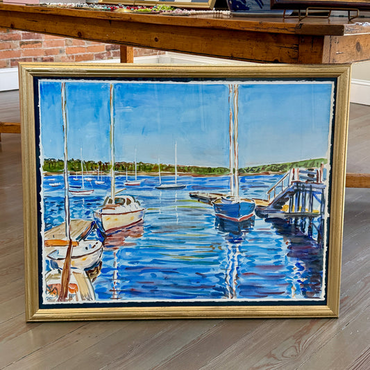 Edmund Jordan Sailboats in Harbor Scene Watercolor Painting in Gold Frame