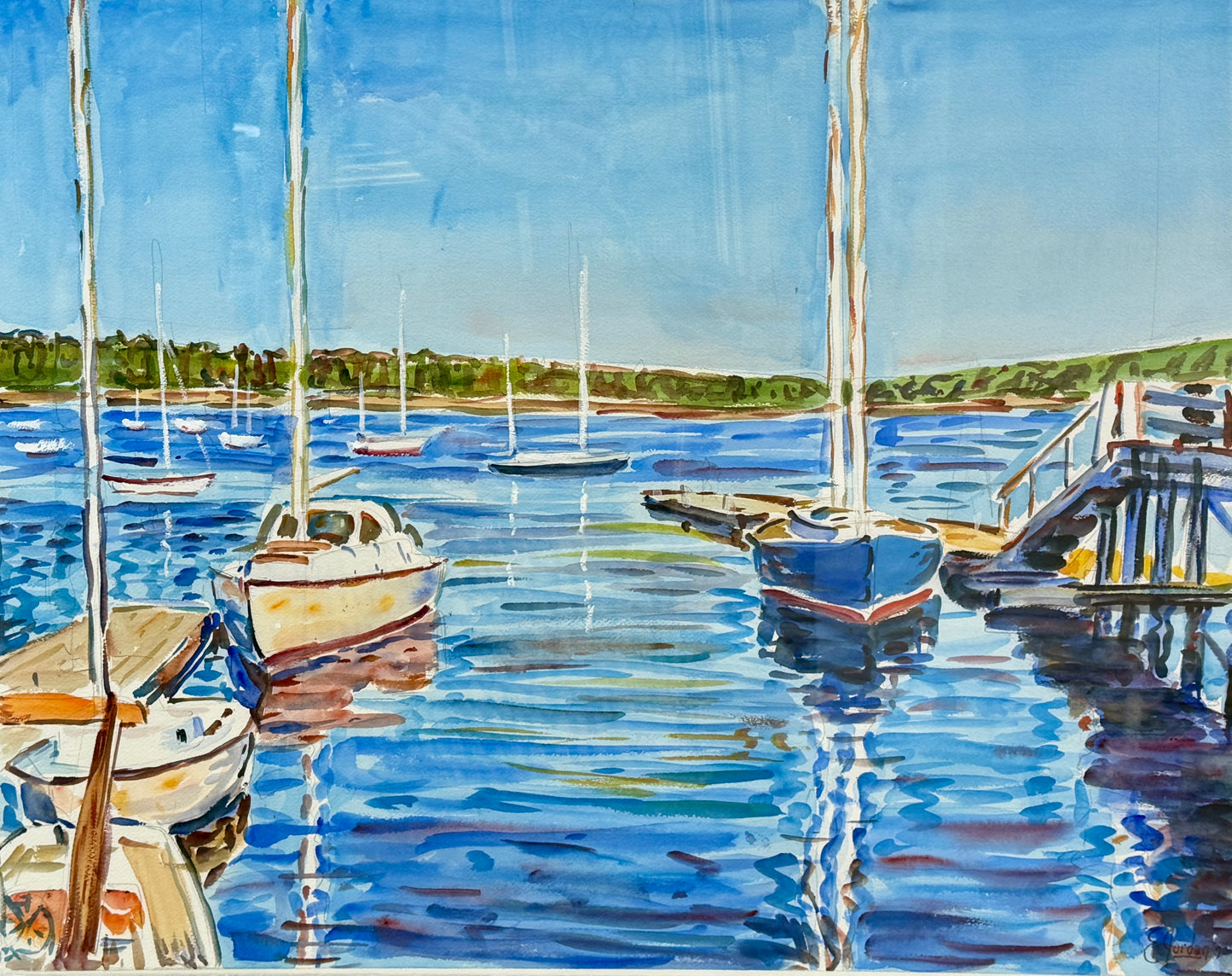 Edmund Jordan Sailboats in Harbor Scene Watercolor Painting in Gold Frame