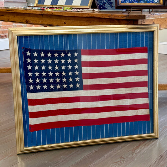 Large 48 Star American Flag on Serena and Lily Navy White Stripes in Gold Frame