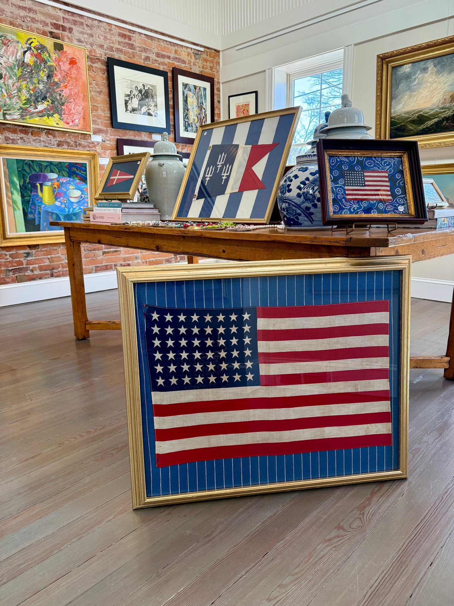 Large 48 Star American Flag on Serena and Lily Navy White Stripes in Gold Frame