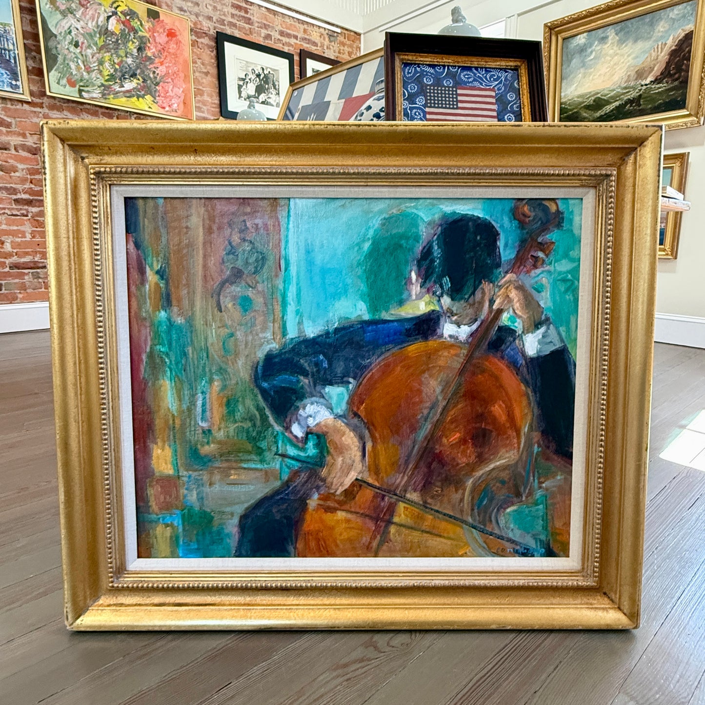 Conchita Conigliano Le Violoncelle Portrait of a Cellist Oil Painting in Gold Frame