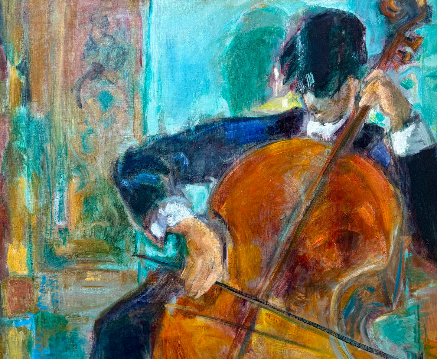 Conchita Conigliano Le Violoncelle Portrait of a Cellist Oil Painting in Gold Frame