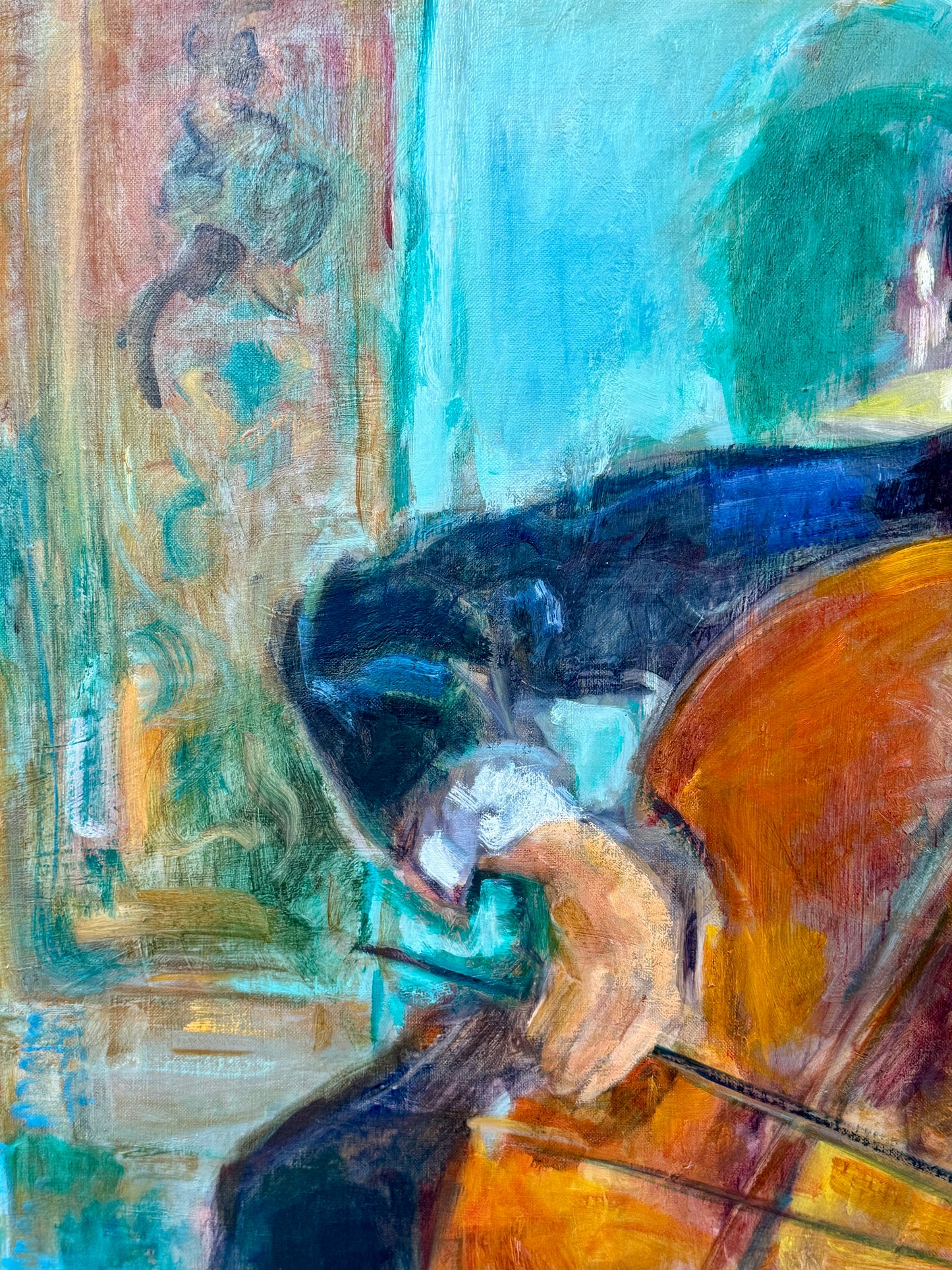 Conchita Conigliano Le Violoncelle Portrait of a Cellist Oil Painting in Gold Frame