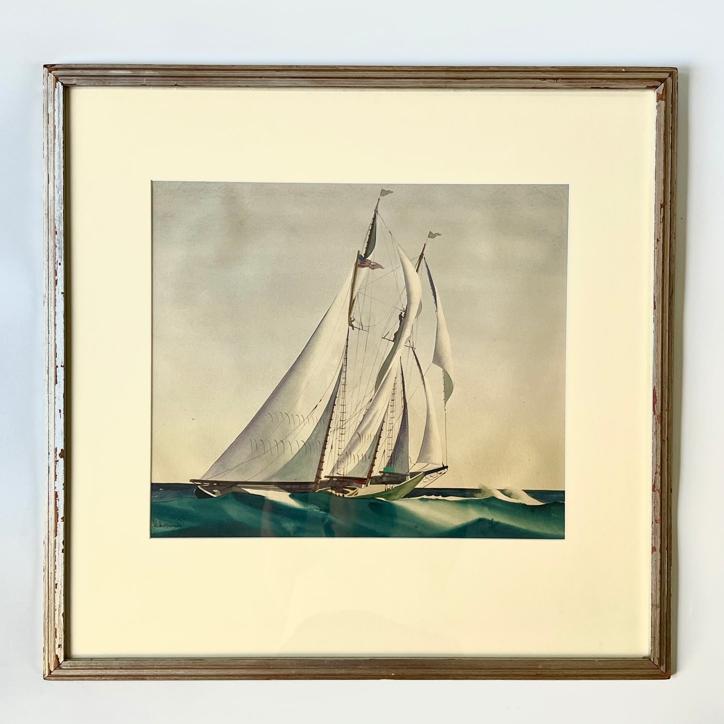 Sandor Bernath (American, 1892-1984) Watercolor Painting of Sailboat with American Flag in Silver Frame