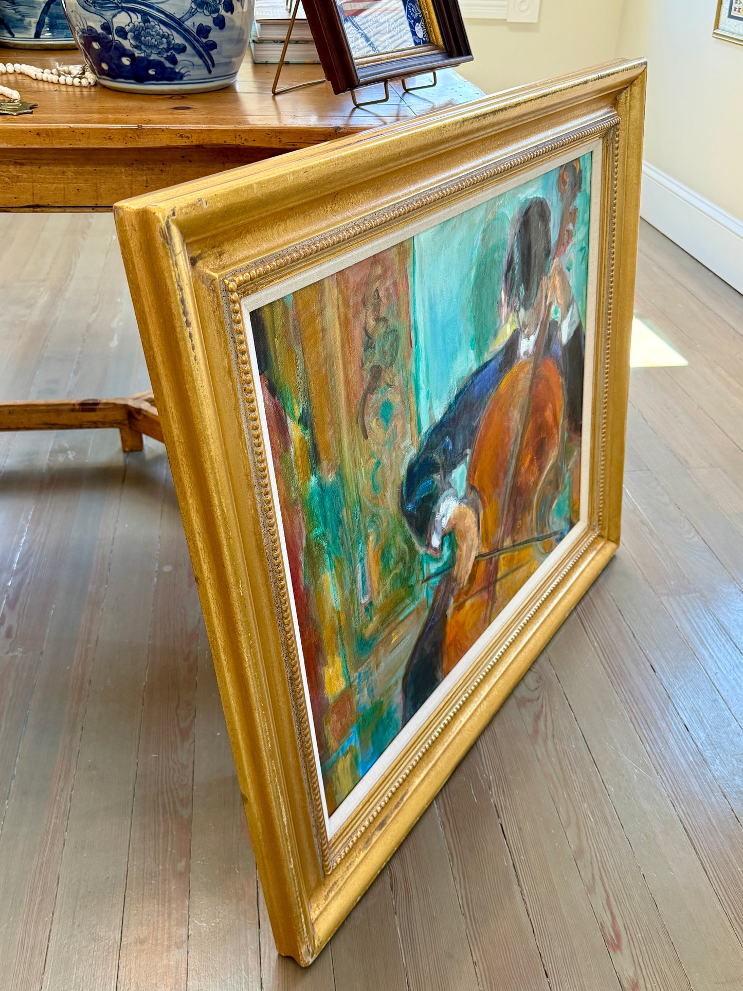 Conchita Conigliano Le Violoncelle Portrait of a Cellist Oil Painting in Gold Frame