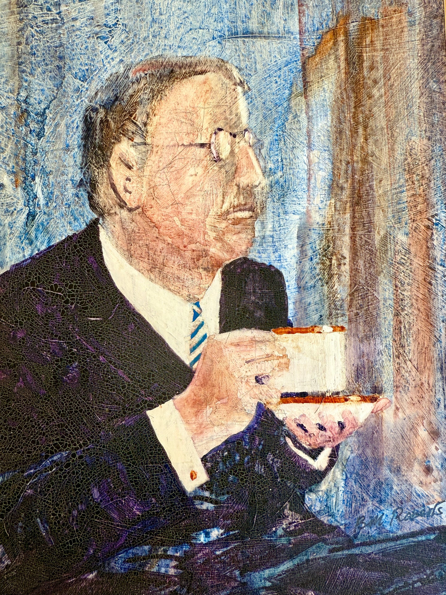 Bill Roberts Portrait of a Gentleman Oil Painting in Burled Wood Frame