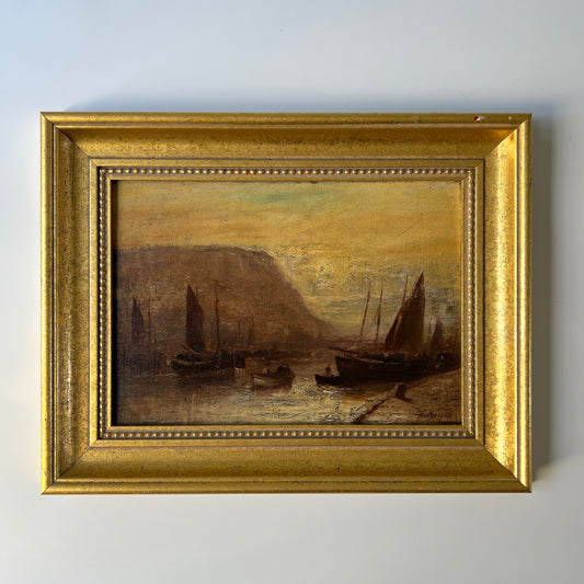 19th Century Sailboats in Harbor Under the Moonlight in Gold Frame