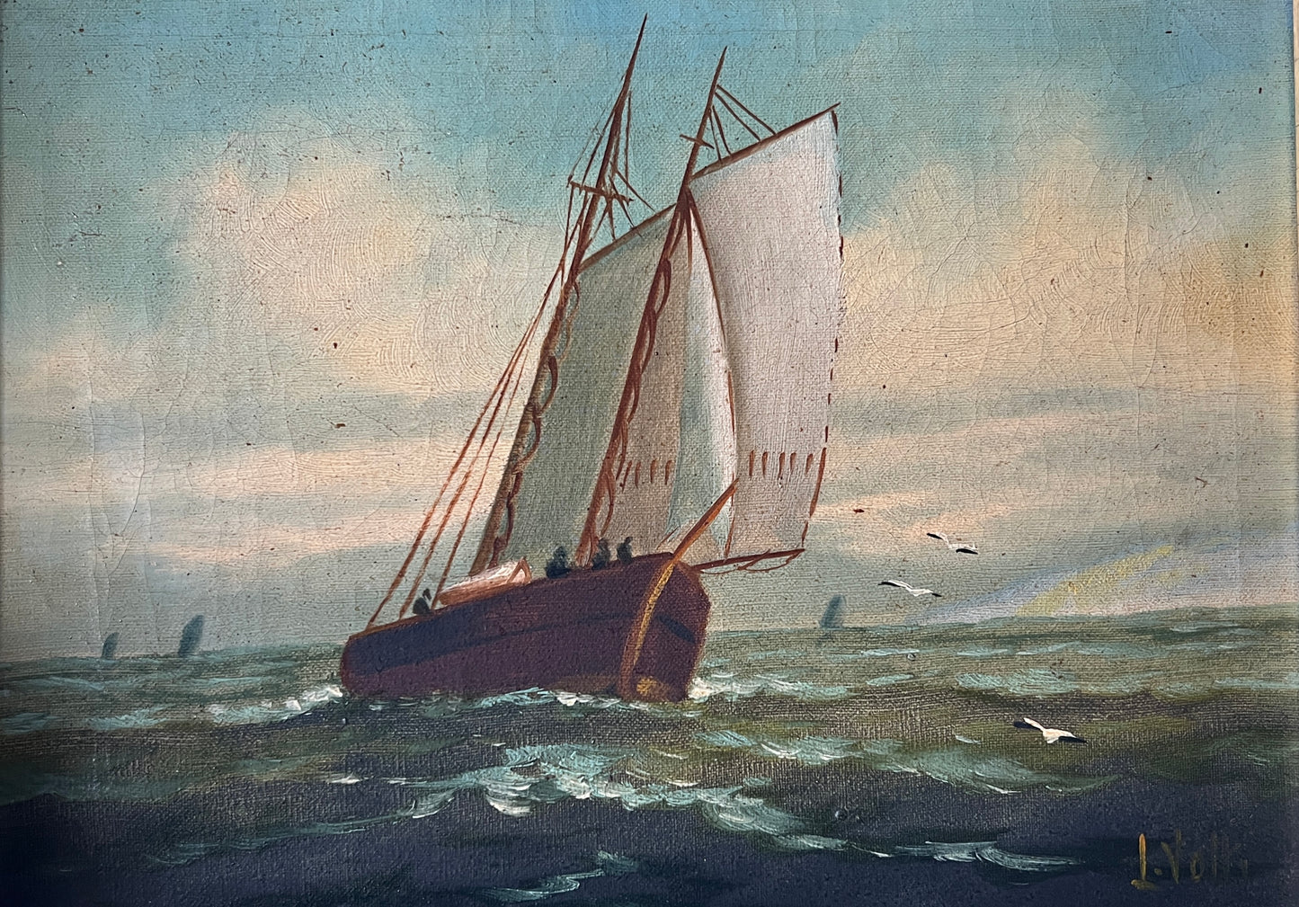 19th Century Sailboat Under Blue Skies Oil Painting in Original Gold Frame