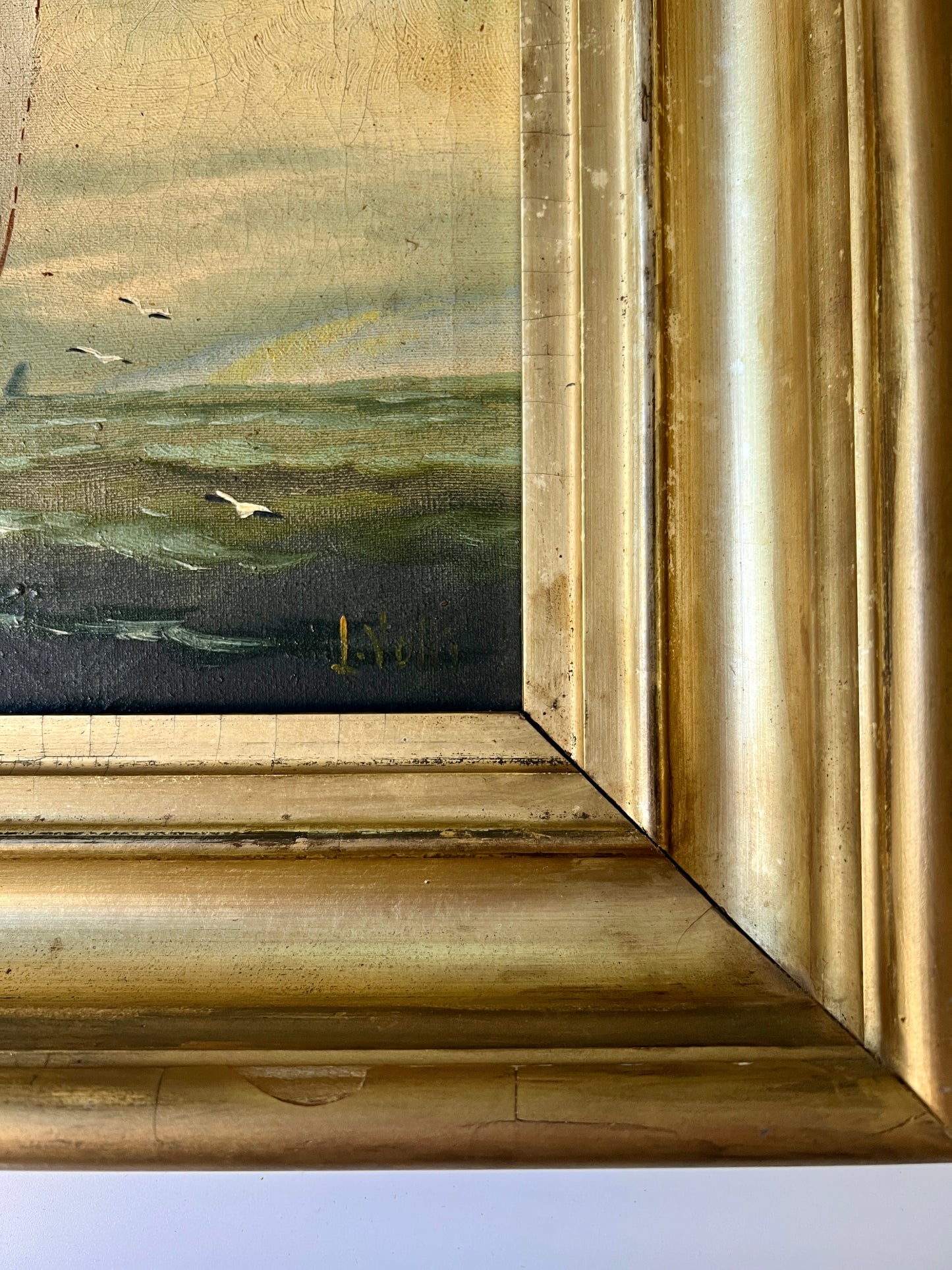 19th Century Sailboat Under Blue Skies Oil Painting in Original Gold Frame