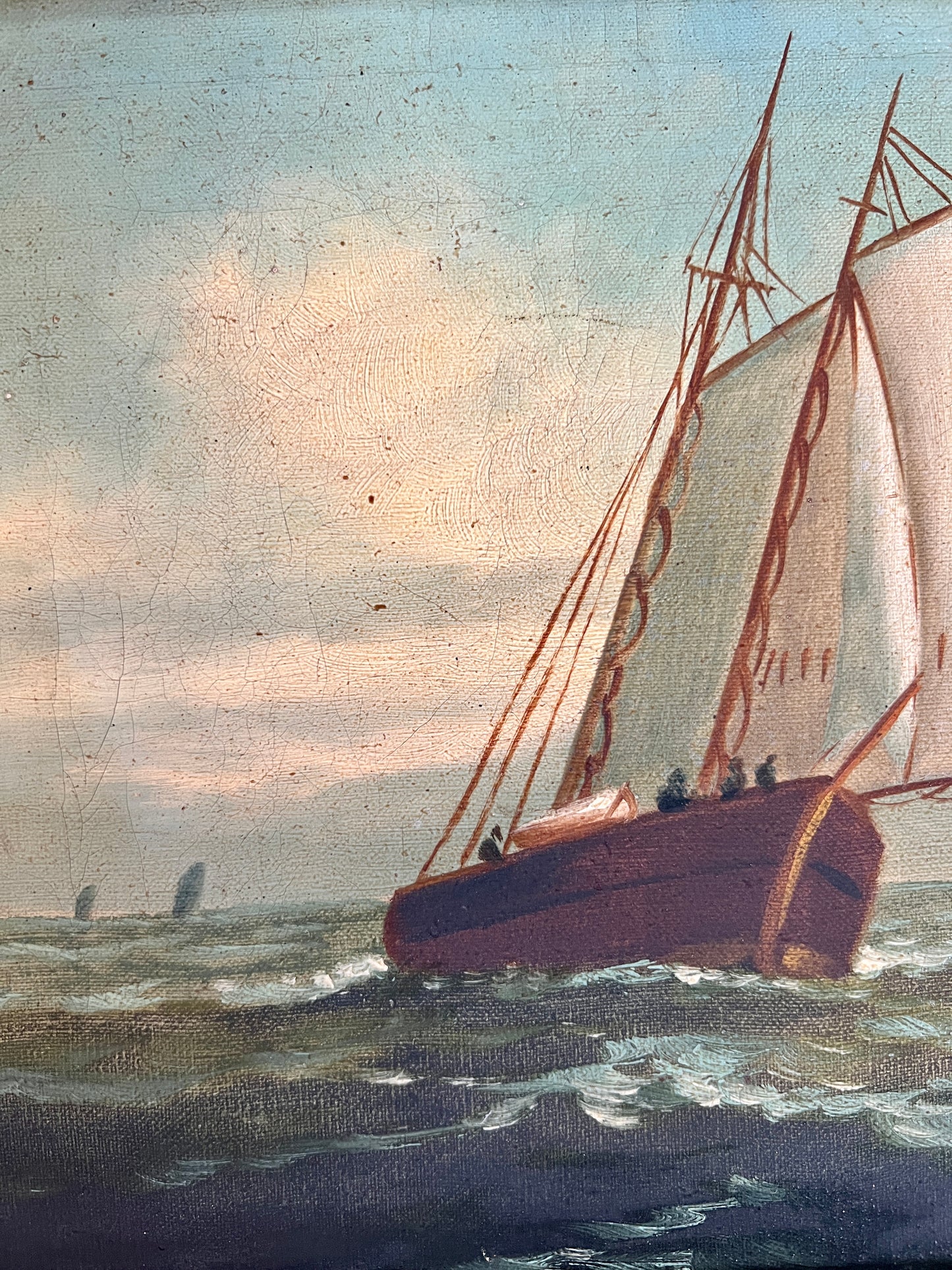 19th Century Sailboat Under Blue Skies Oil Painting in Original Gold Frame