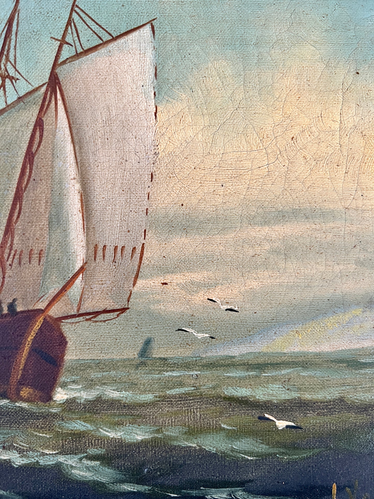 19th Century Sailboat Under Blue Skies Oil Painting in Original Gold Frame