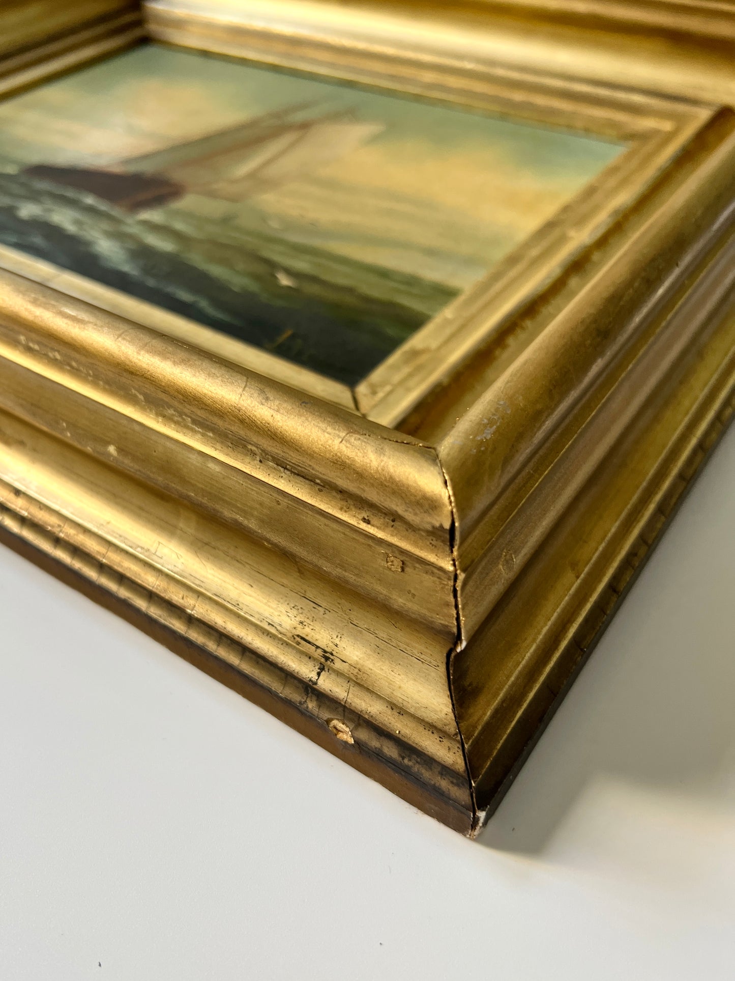 19th Century Sailboat Under Blue Skies Oil Painting in Original Gold Frame