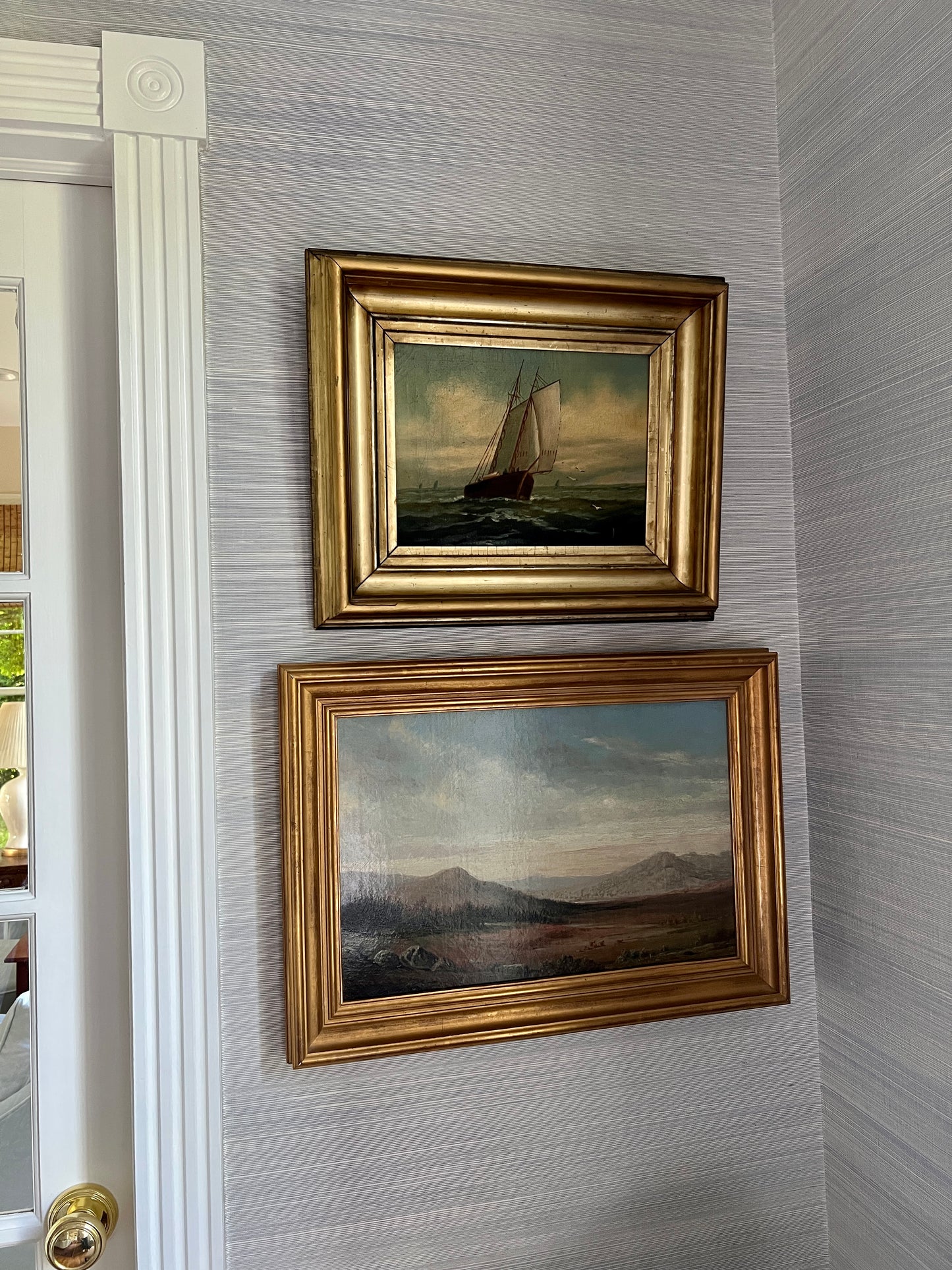 19th Century Sailboat Under Blue Skies Oil Painting in Original Gold Frame