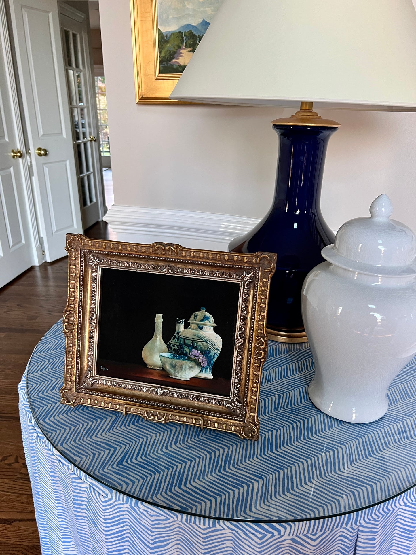 Judy Dy'ans Still Life Blue White Chinoiserie Oil Painting in Ornate Gold Frame