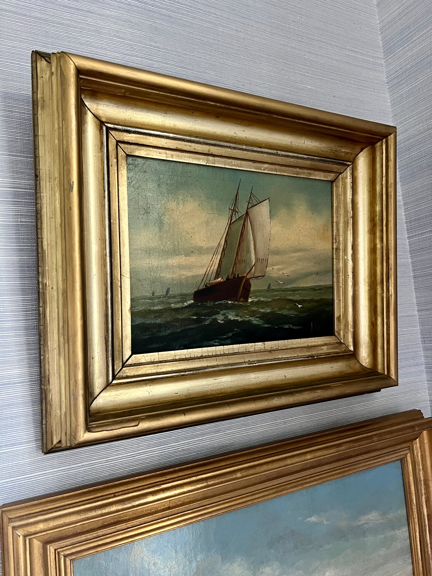 19th Century Sailboat Under Blue Skies Oil Painting in Original Gold Frame