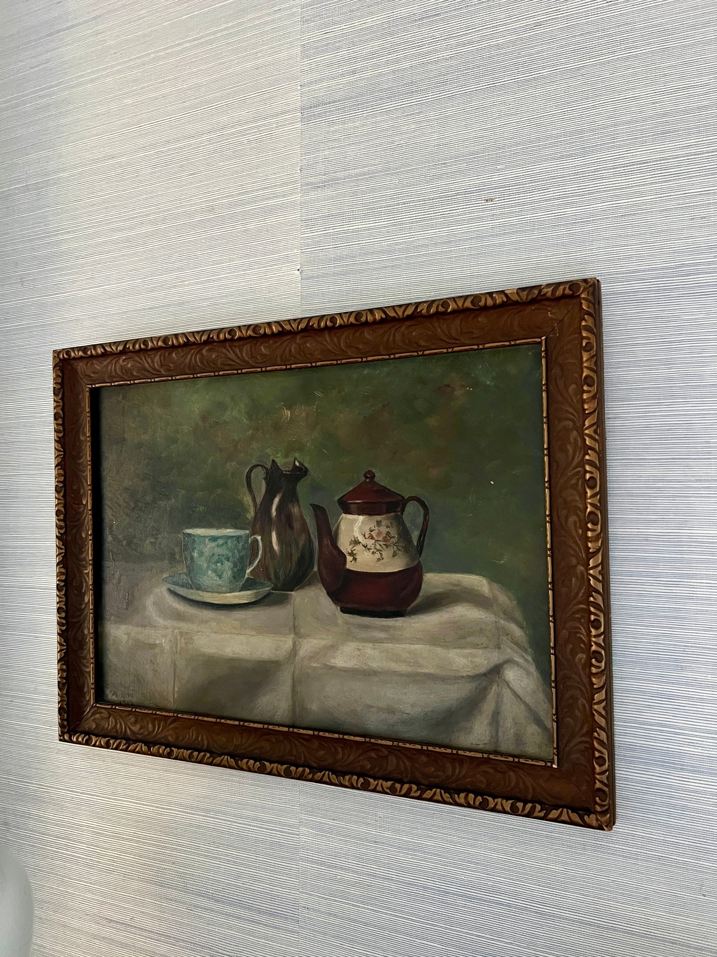 1904 Antique Teapot and Tea Cup Still Life Oil Painting in Carved Frame