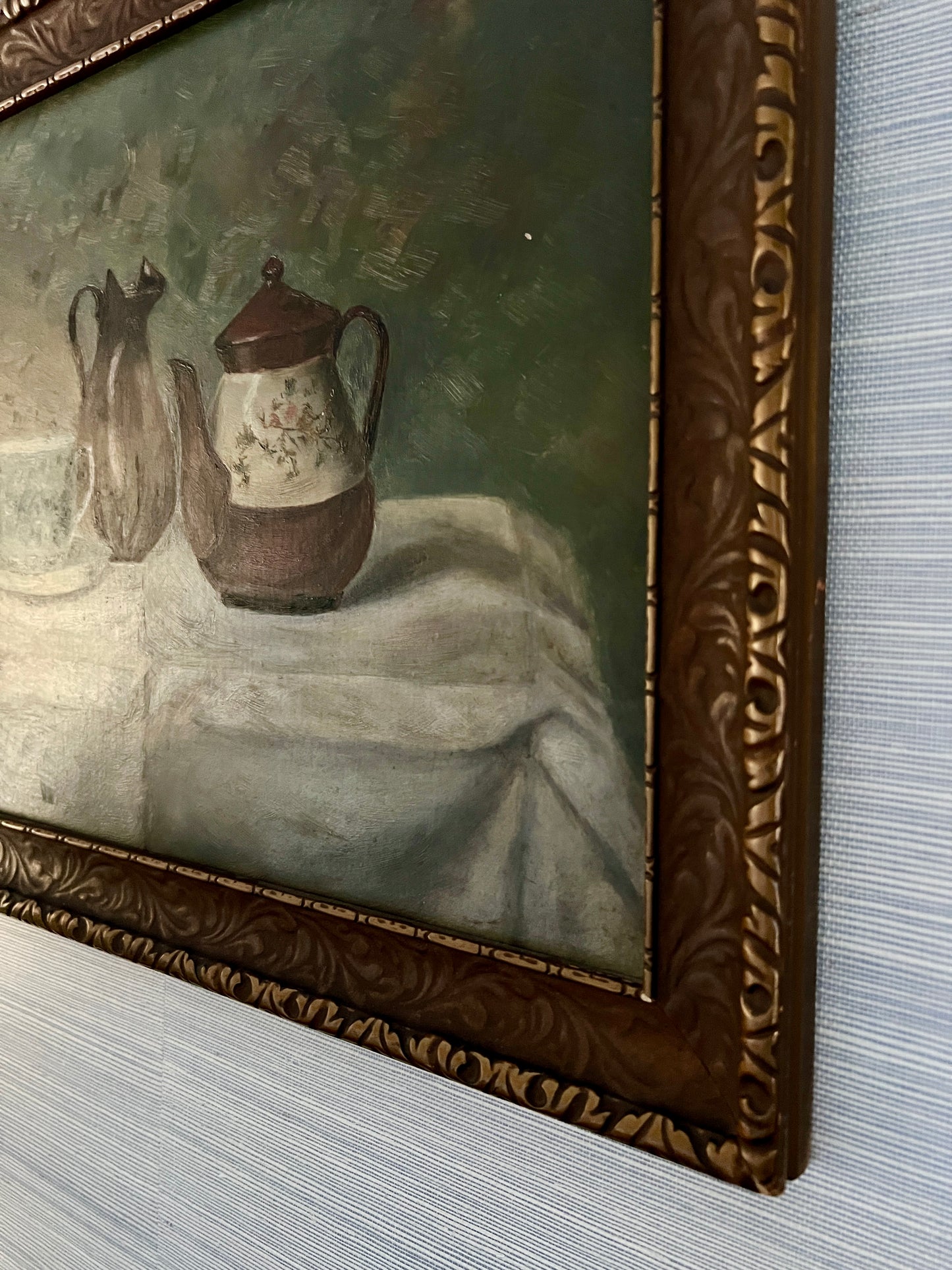 1904 Antique Teapot and Tea Cup Still Life Oil Painting in Carved Frame