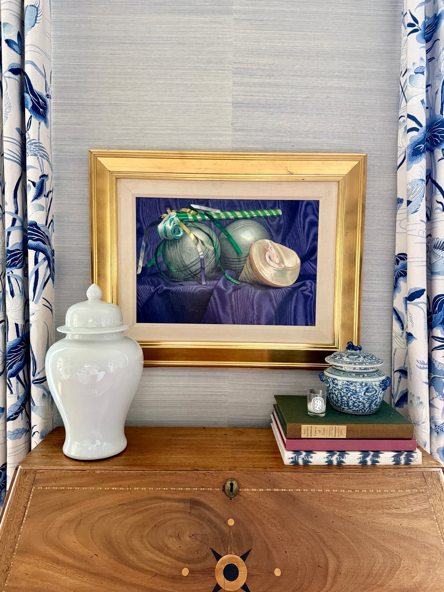 Judith Goldsmith Barcarolle Still Life of Bocce and Shell Oil Painting in Gold Frame