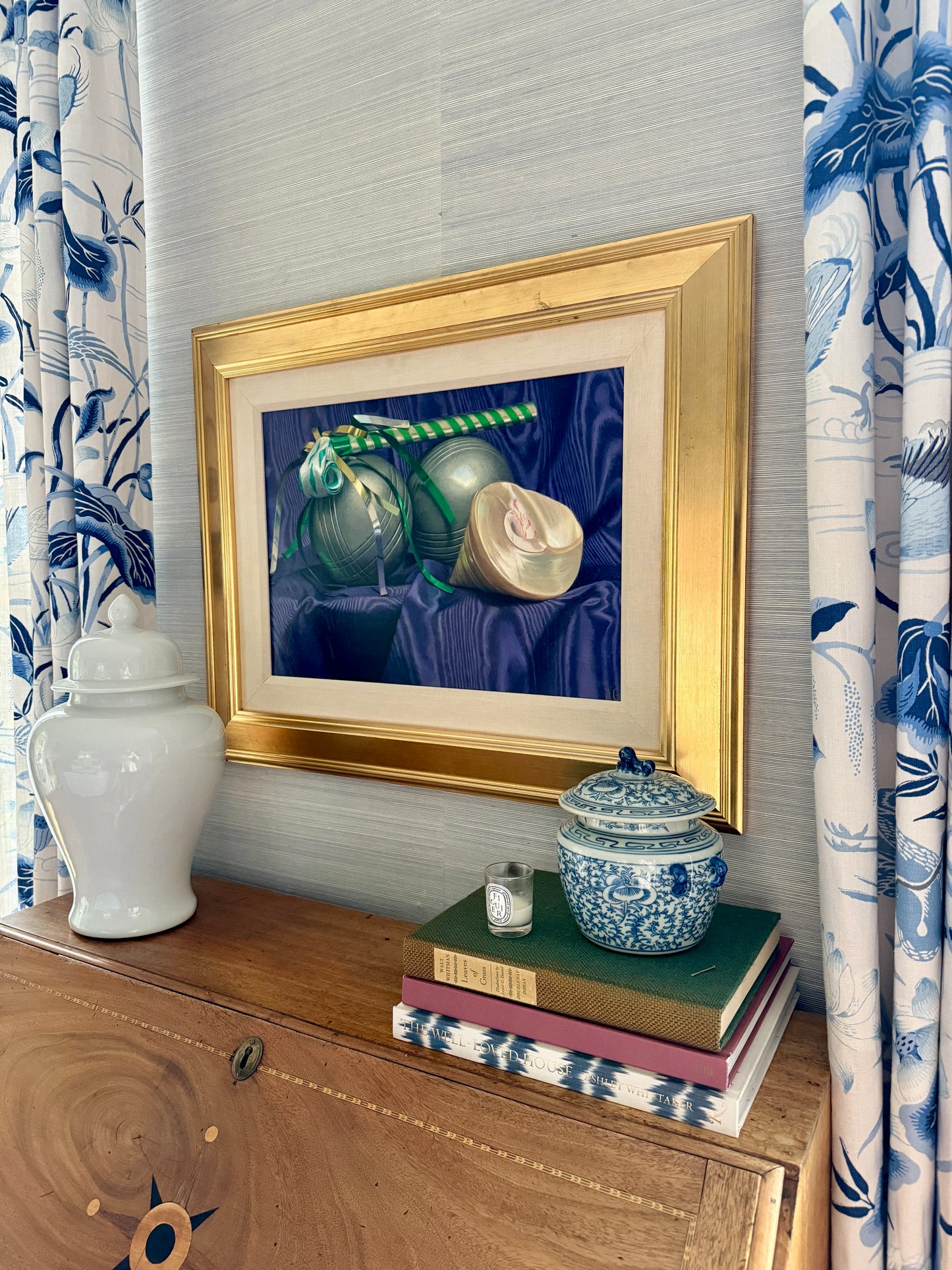 Judith Goldsmith Barcarolle Still Life of Bocce and Shell Oil Painting in Gold Frame