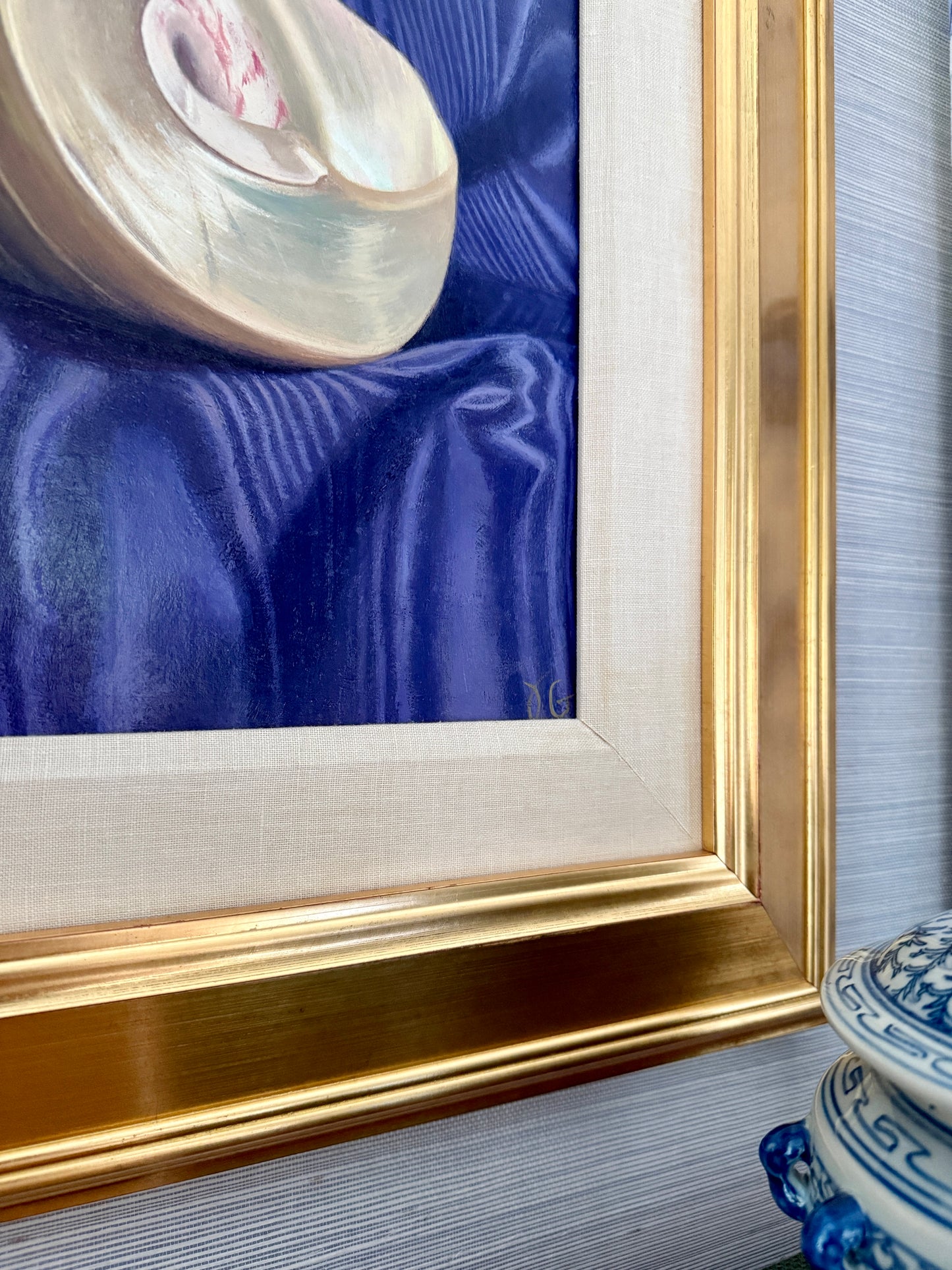 Judith Goldsmith Barcarolle Still Life of Bocce and Shell Oil Painting in Gold Frame