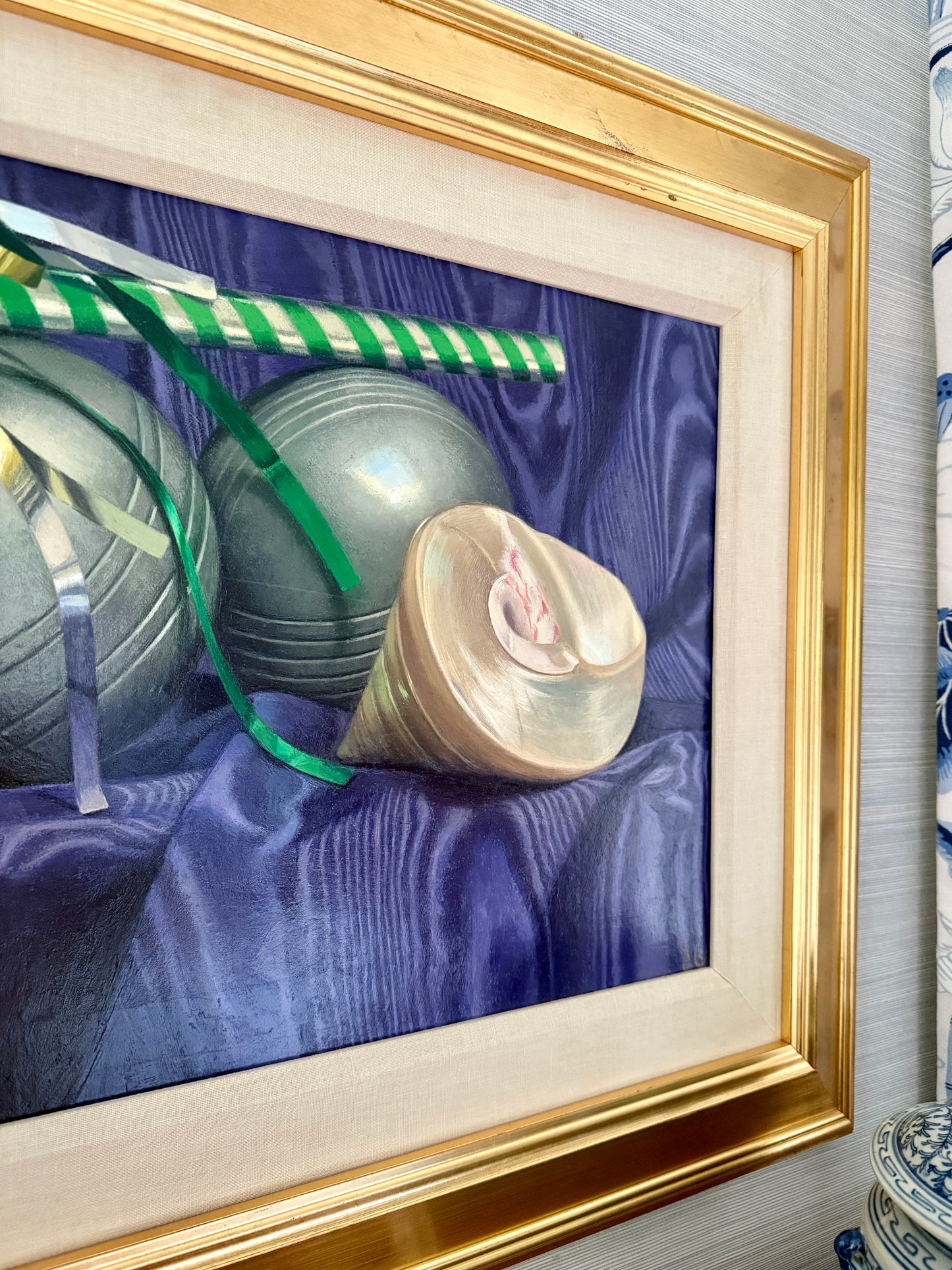 Judith Goldsmith Barcarolle Still Life of Bocce and Shell Oil Painting in Gold Frame