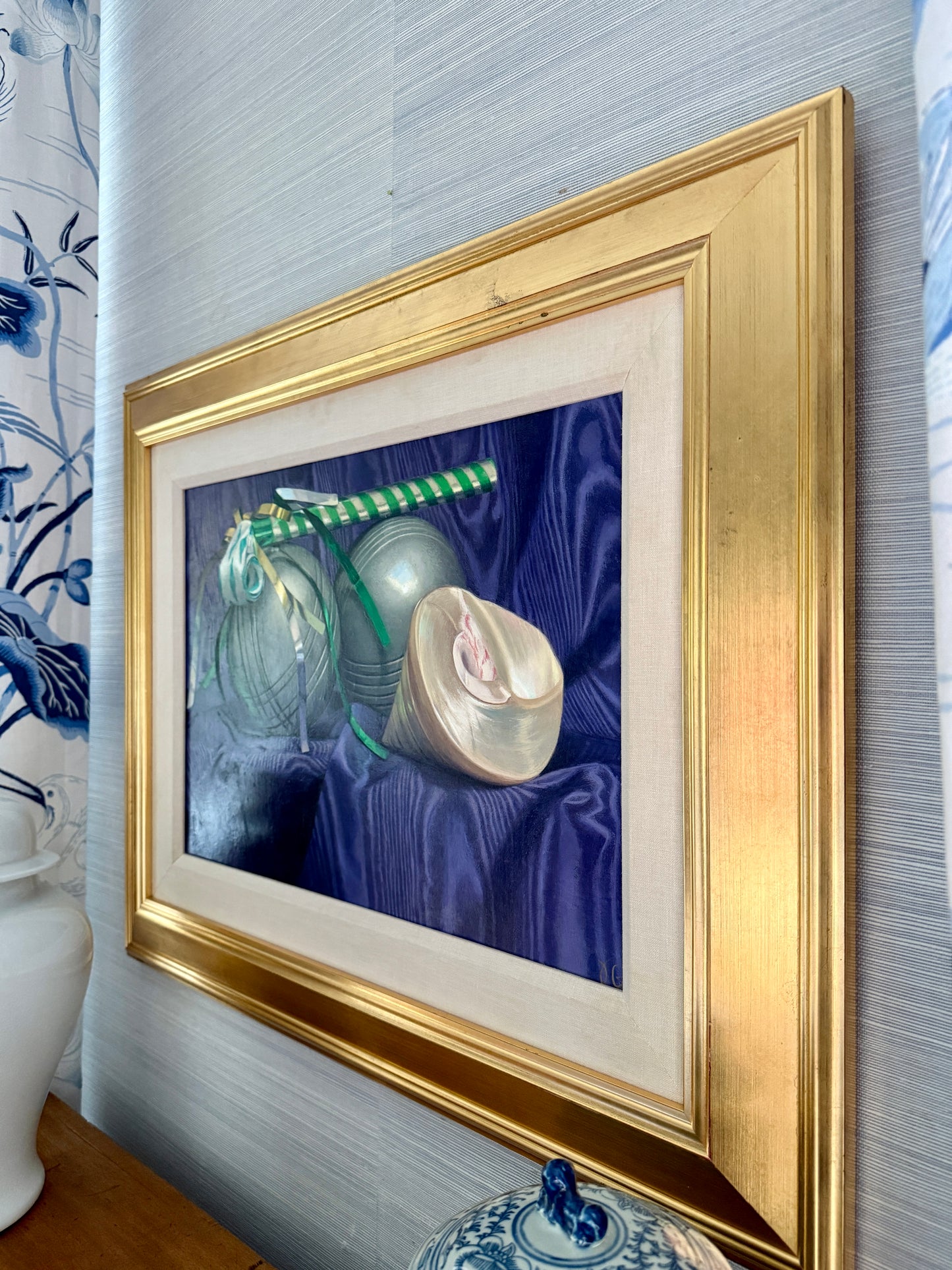 Judith Goldsmith Barcarolle Still Life of Bocce and Shell Oil Painting in Gold Frame