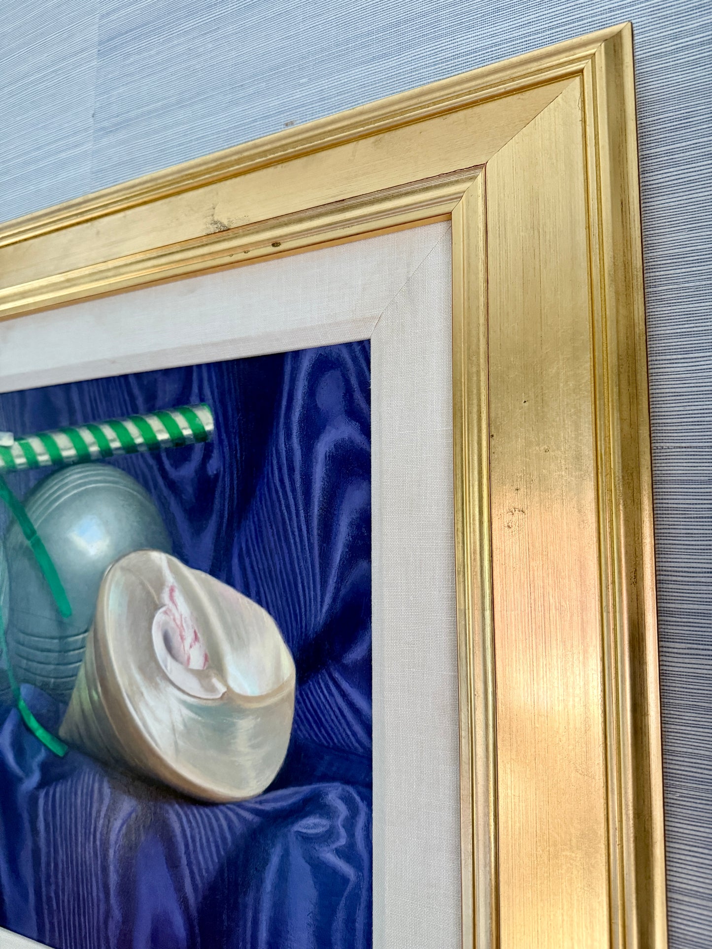 Judith Goldsmith Barcarolle Still Life of Bocce and Shell Oil Painting in Gold Frame