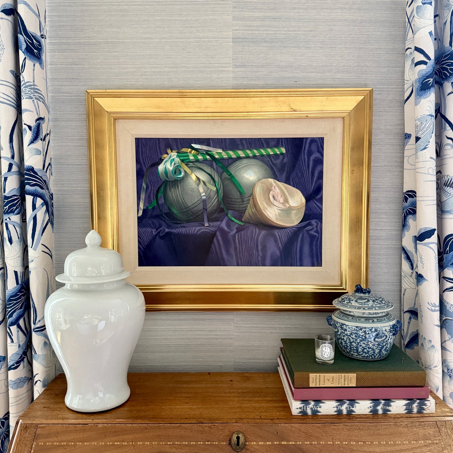 Judith Goldsmith Barcarolle Still Life of Bocce and Shell Oil Painting in Gold Frame