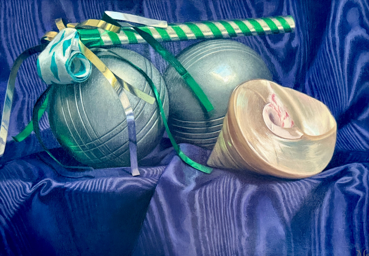 Judith Goldsmith Barcarolle Still Life of Bocce and Shell Oil Painting in Gold Frame