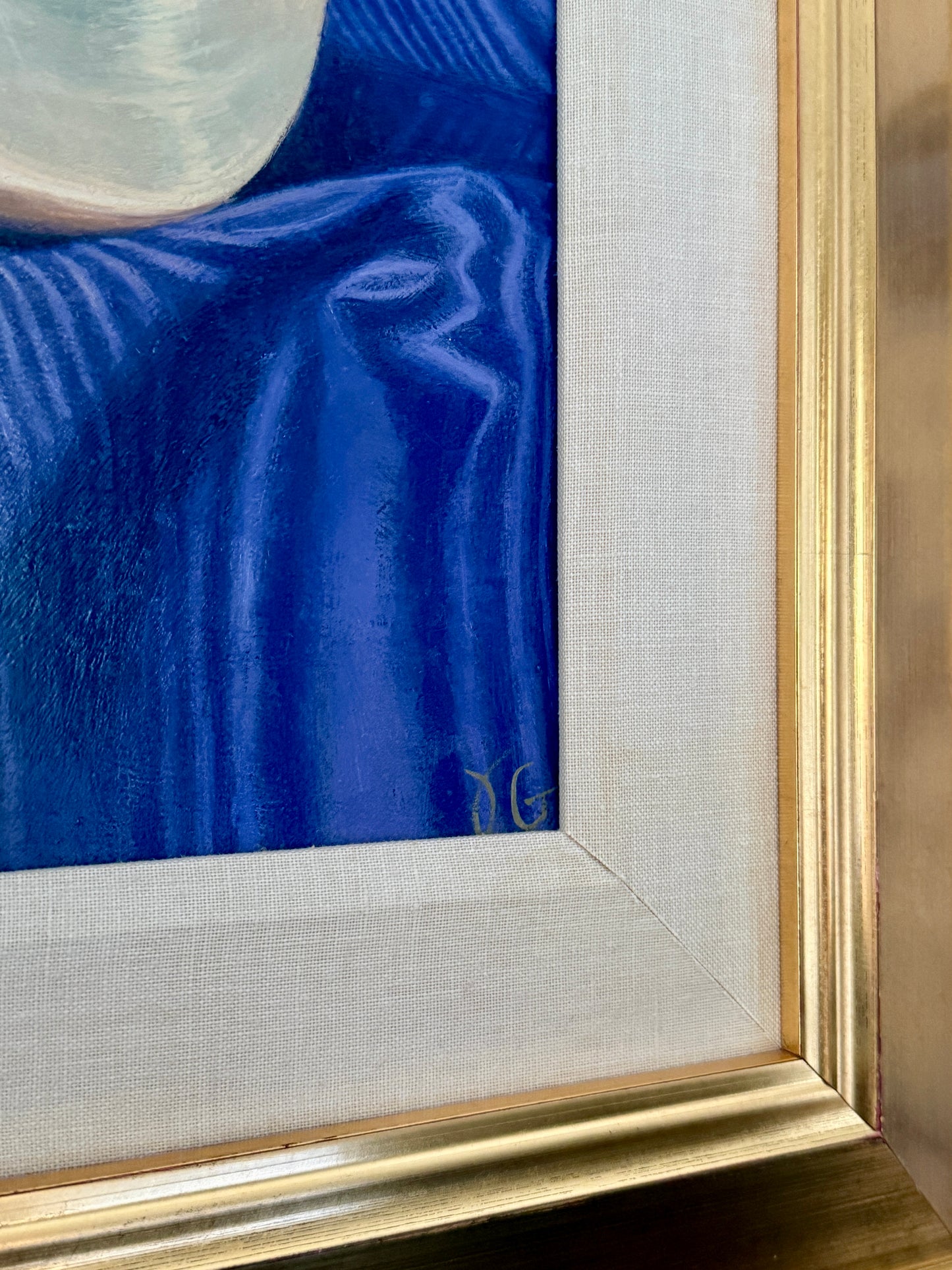 Judith Goldsmith Barcarolle Still Life of Bocce and Shell Oil Painting in Gold Frame