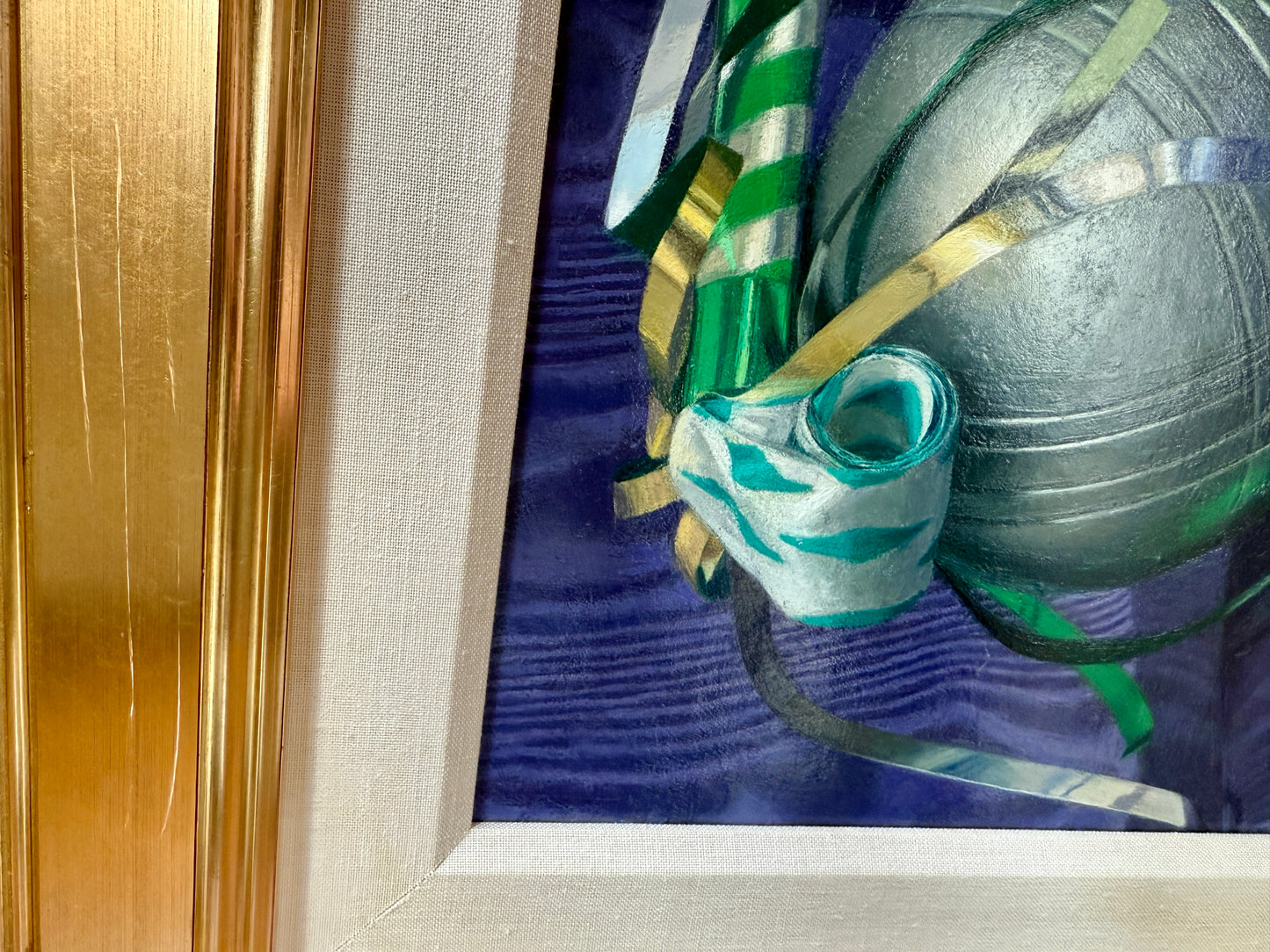 Judith Goldsmith Barcarolle Still Life of Bocce and Shell Oil Painting in Gold Frame