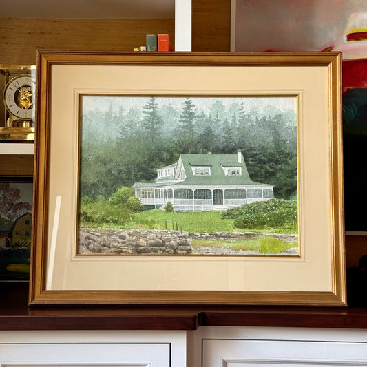 William Brewster Hoyt Summer Porch, Massachusetts House Portrait Watercolor in Gold Frame