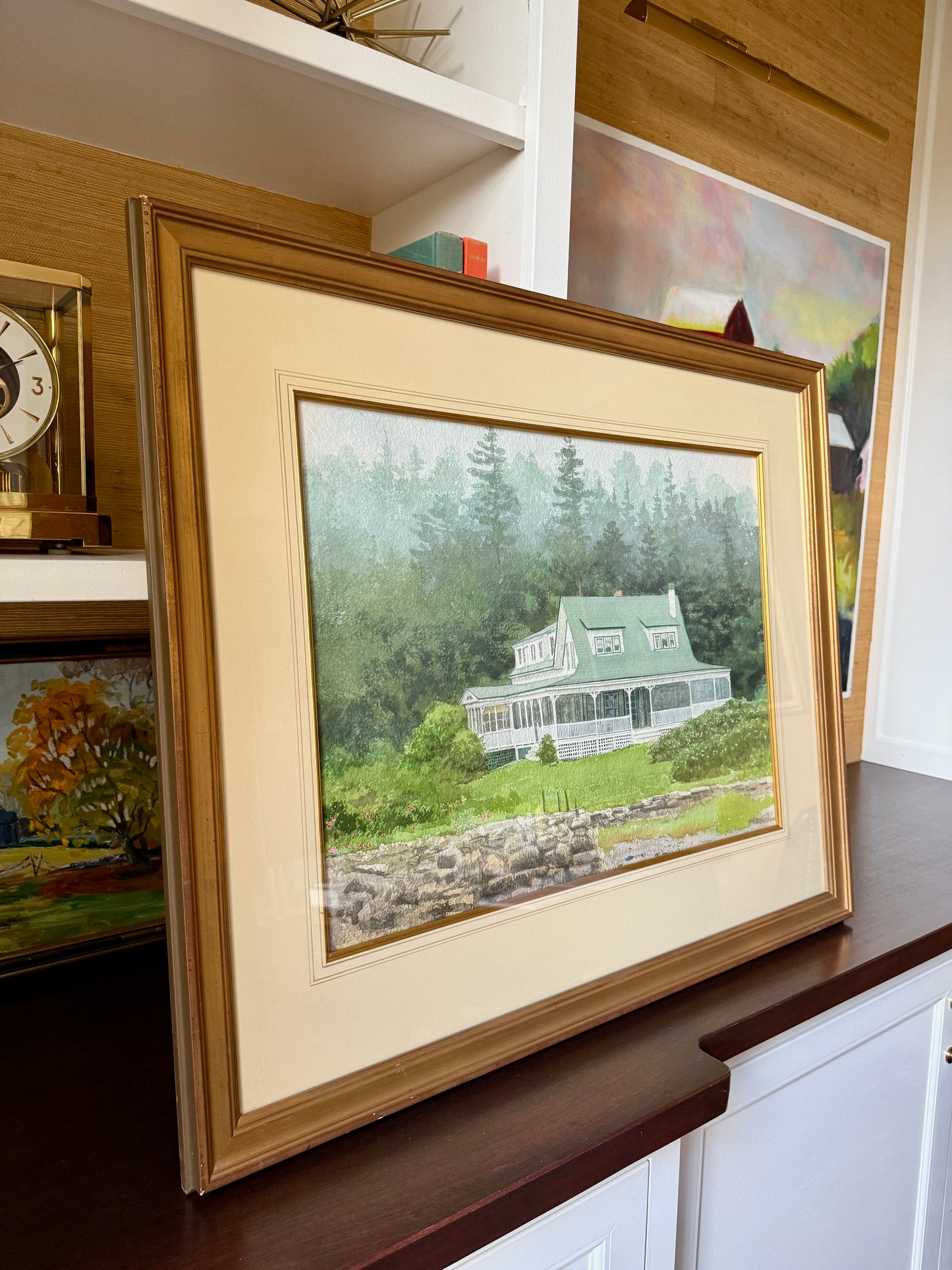 William Brewster Hoyt Summer Porch, Massachusetts House Portrait Watercolor in Gold Frame