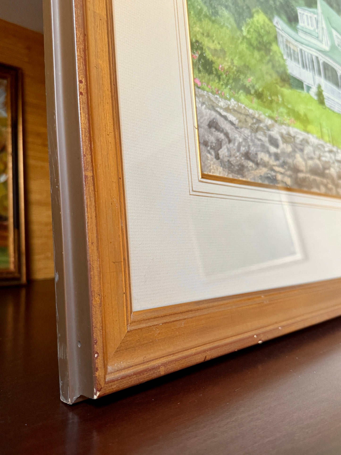 William Brewster Hoyt Summer Porch, Massachusetts House Portrait Watercolor in Gold Frame