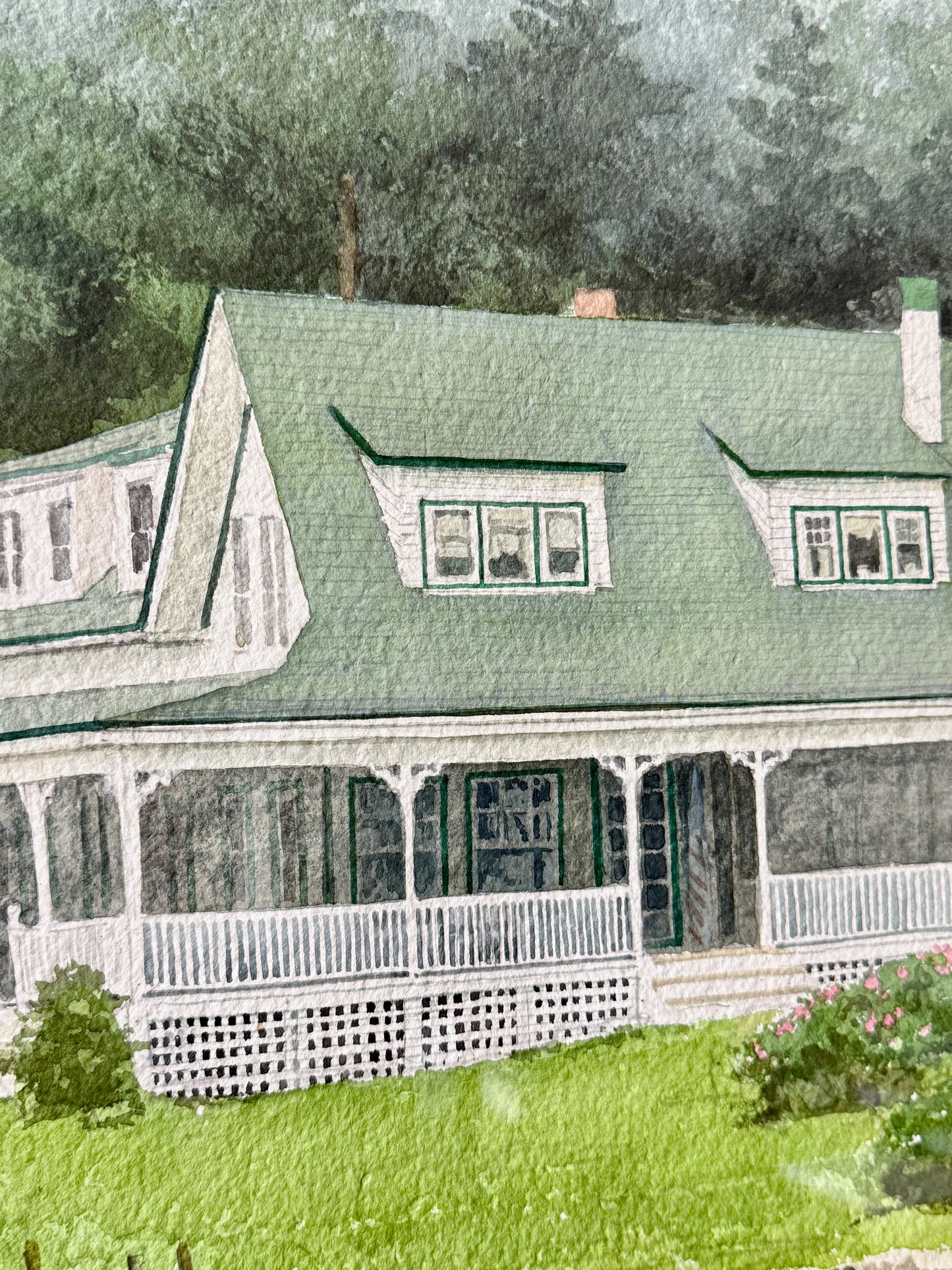 William Brewster Hoyt Summer Porch, Massachusetts House Portrait Watercolor in Gold Frame