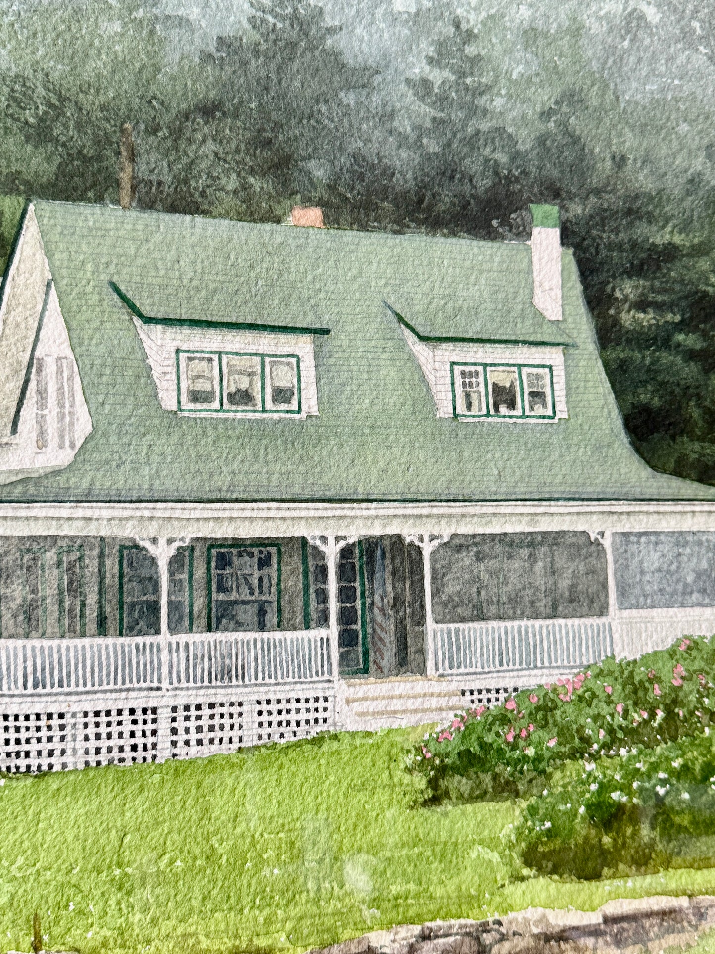 William Brewster Hoyt Summer Porch, Massachusetts House Portrait Watercolor in Gold Frame