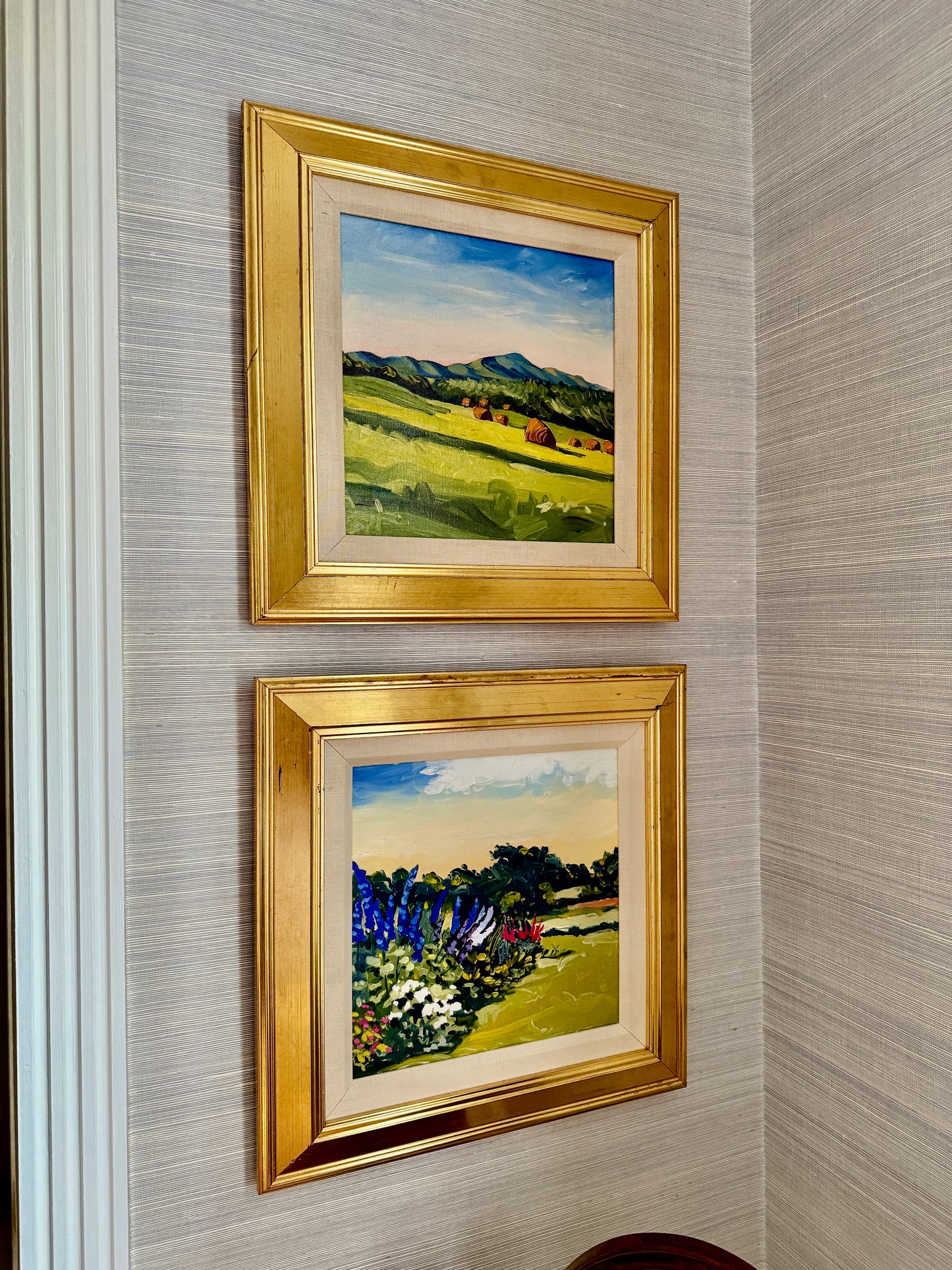 Susan Van Campen Hay Bales and Camden Hills Maine Landscape Oil Painting in Gold Frame