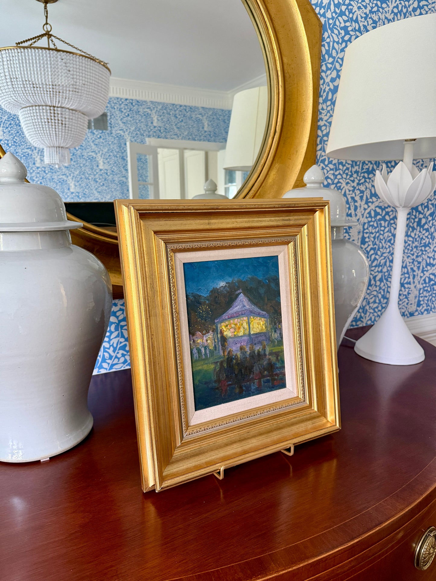 Kathleen Billis Towne Fete Moonlit Carnival Scene Oil Painting in Gold Frame