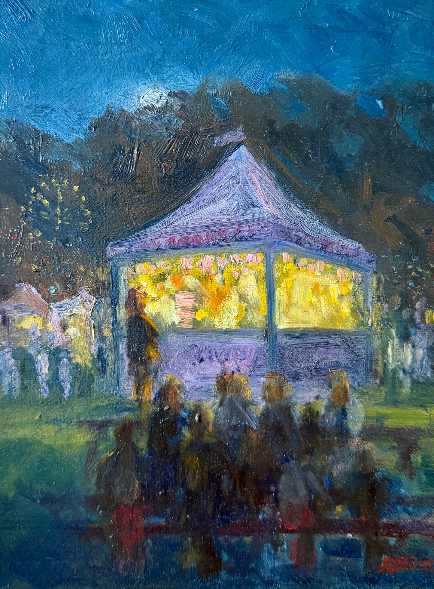 Kathleen Billis Towne Fete Moonlit Carnival Scene Oil Painting in Gold Frame
