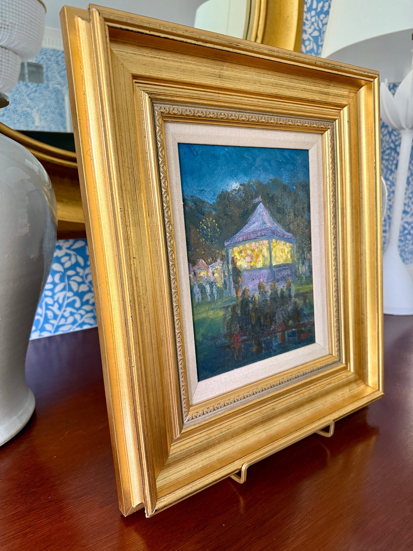 Kathleen Billis Towne Fete Moonlit Carnival Scene Oil Painting in Gold Frame