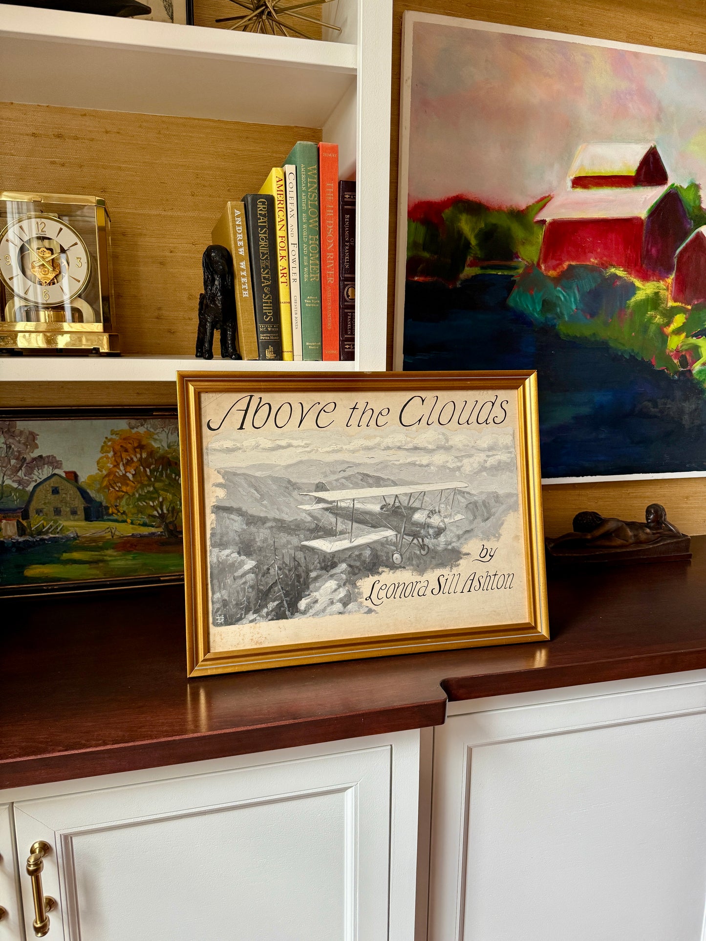 Donald Humphries Above the Clouds Oil Painting Biplane Airplane Illustration in Gold Frame