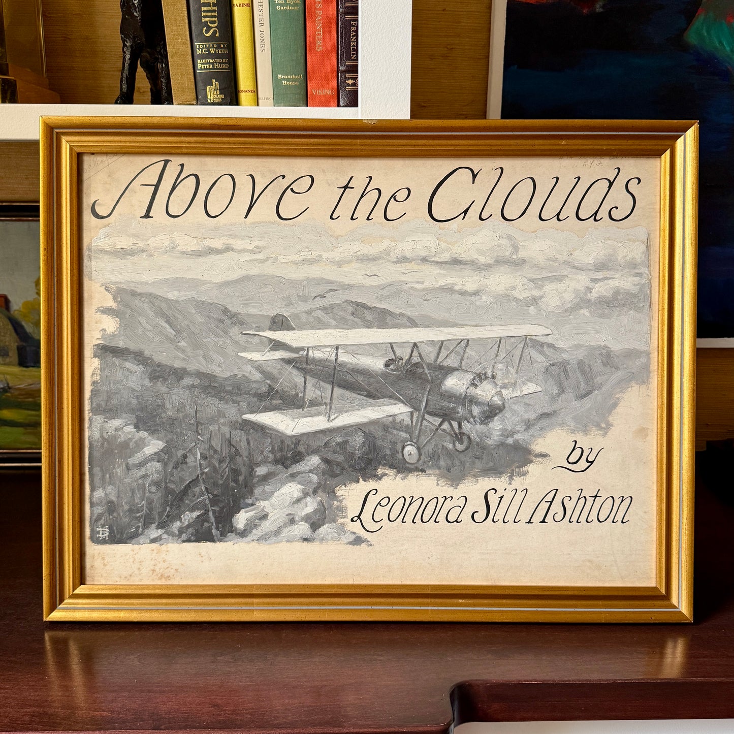 Donald Humphries Above the Clouds Oil Painting Biplane Airplane Illustration in Gold Frame