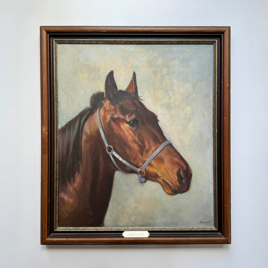 Portrait of British Thoroughbred Race Horse Entrepreneur Oil Painting in Vintage Wood Frame
