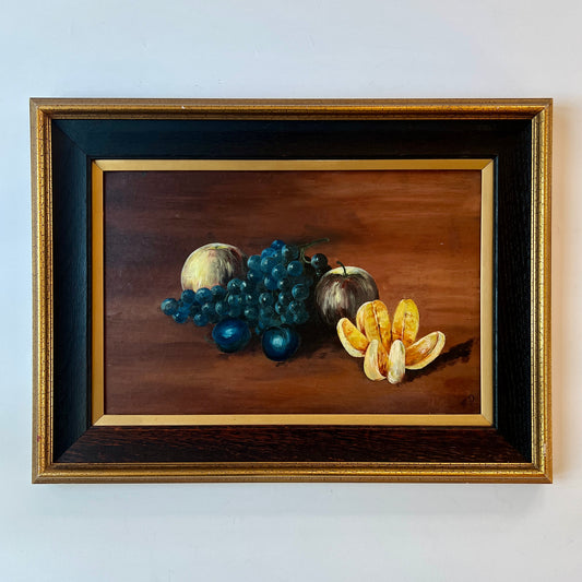 1910 Still Life Apples Grapes Orange Oil Painting in Black and Gold Frame