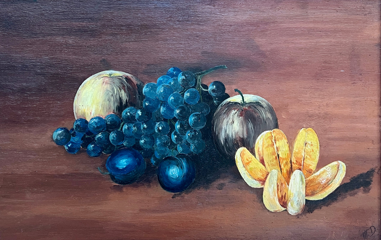 1910 Still Life Apples Grapes Orange Oil Painting in Black and Gold Frame