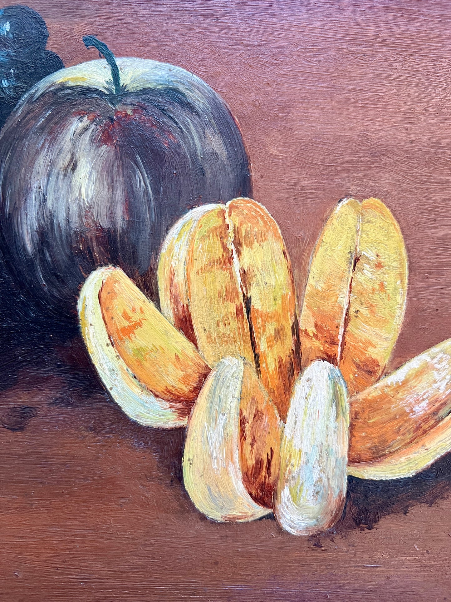 1910 Still Life Apples Grapes Orange Oil Painting in Black and Gold Frame