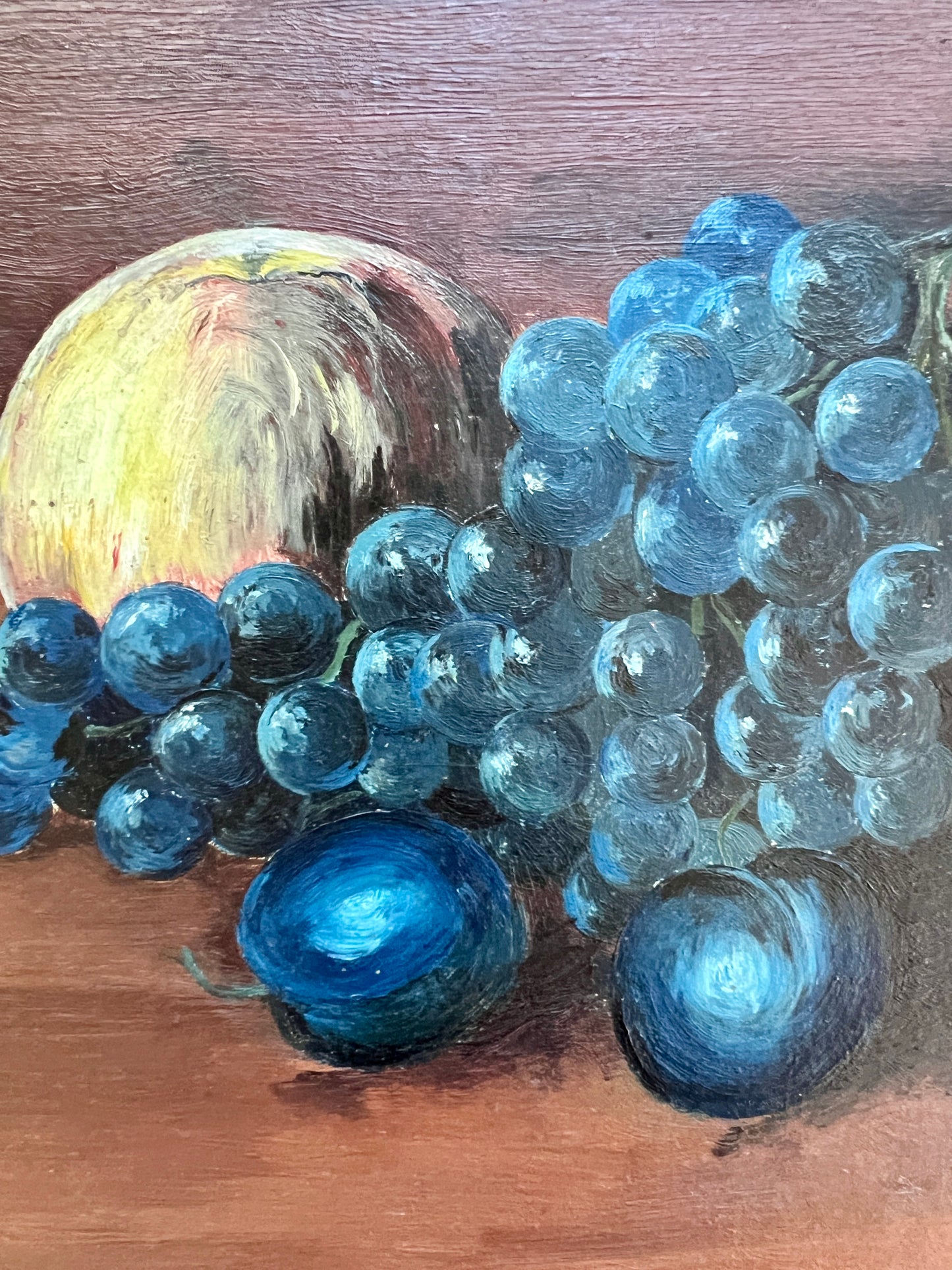 1910 Still Life Apples Grapes Orange Oil Painting in Black and Gold Frame