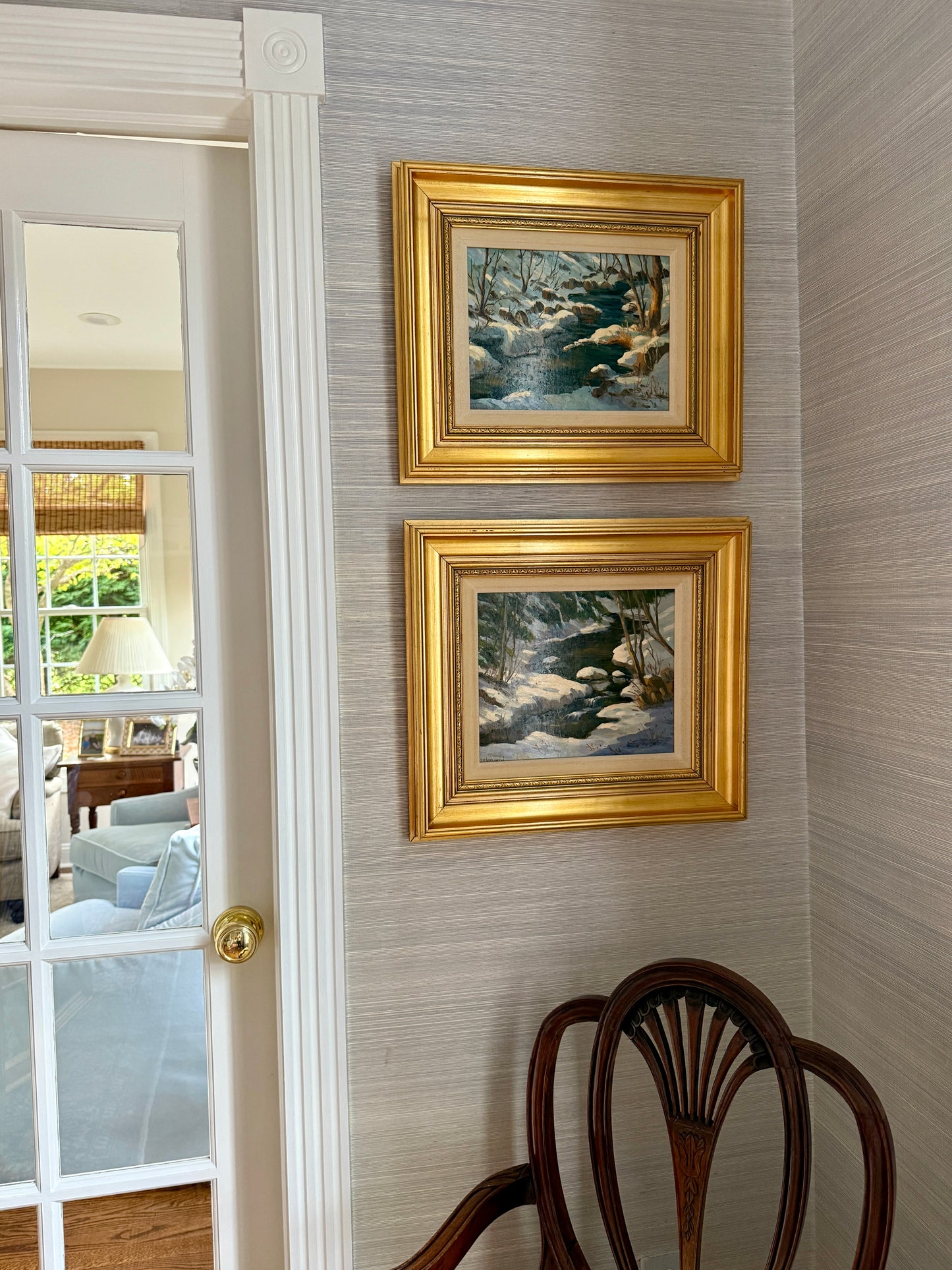 Terri Kennington Pair of New Hampshire Mink Brook and Melvin River Winter Landscapes in Gold Frames